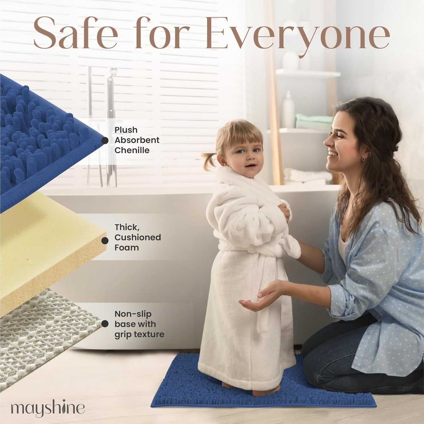 MAYSHINE Plush Shaggy Chenille Bath Mat | Extra Soft, Super Absorbent, Non-Slip Bathroom Rug | Fluffy Microfiber, Area Rug Sets for Bathroom Floor, Kitchen, Living Room | 39"x24" | Dark Blue