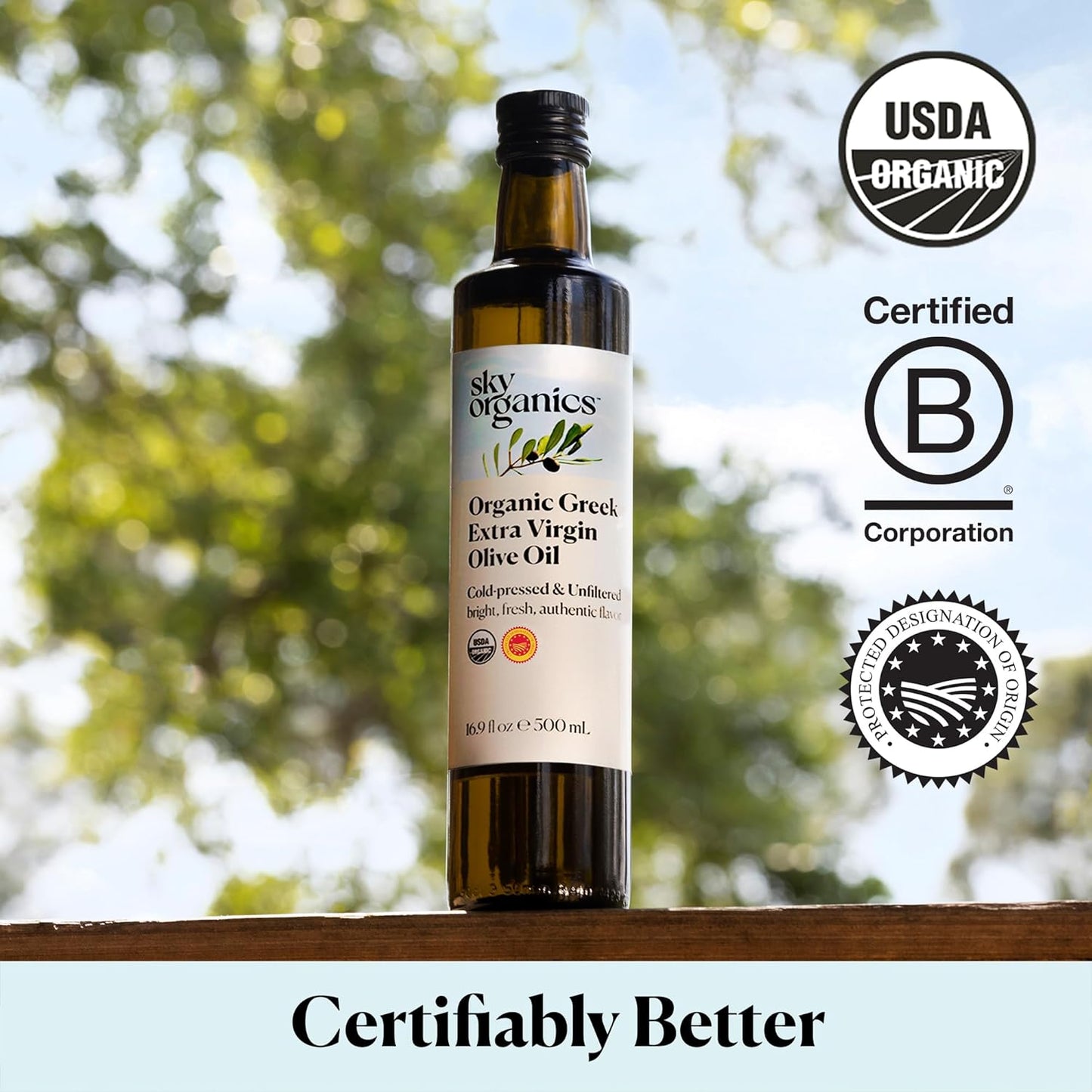 Sky Organics - Organic Extra Virgin Olive Oil, 16 fl oz - Cold Pressed & Unfiltered - Bright, Fresh, Authentic Flavor - Sourced from Farmers in Greece - 100% Pure - Kosher - Natural, Vegan, & Soy Free