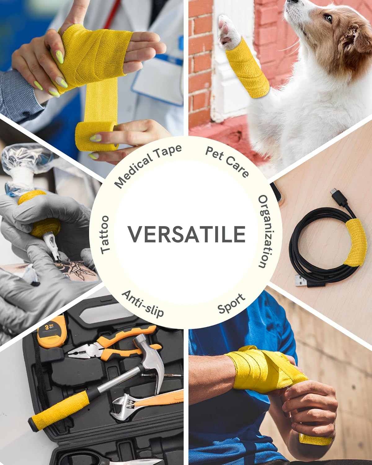 FriCARE Self Adhesive Bandage Wrap, Medical Tape in First Aid Kit, Cohesive Bandages for Wounds Sport Vet, 2 Inches X 5 Yards 6 Rolls, Yellow