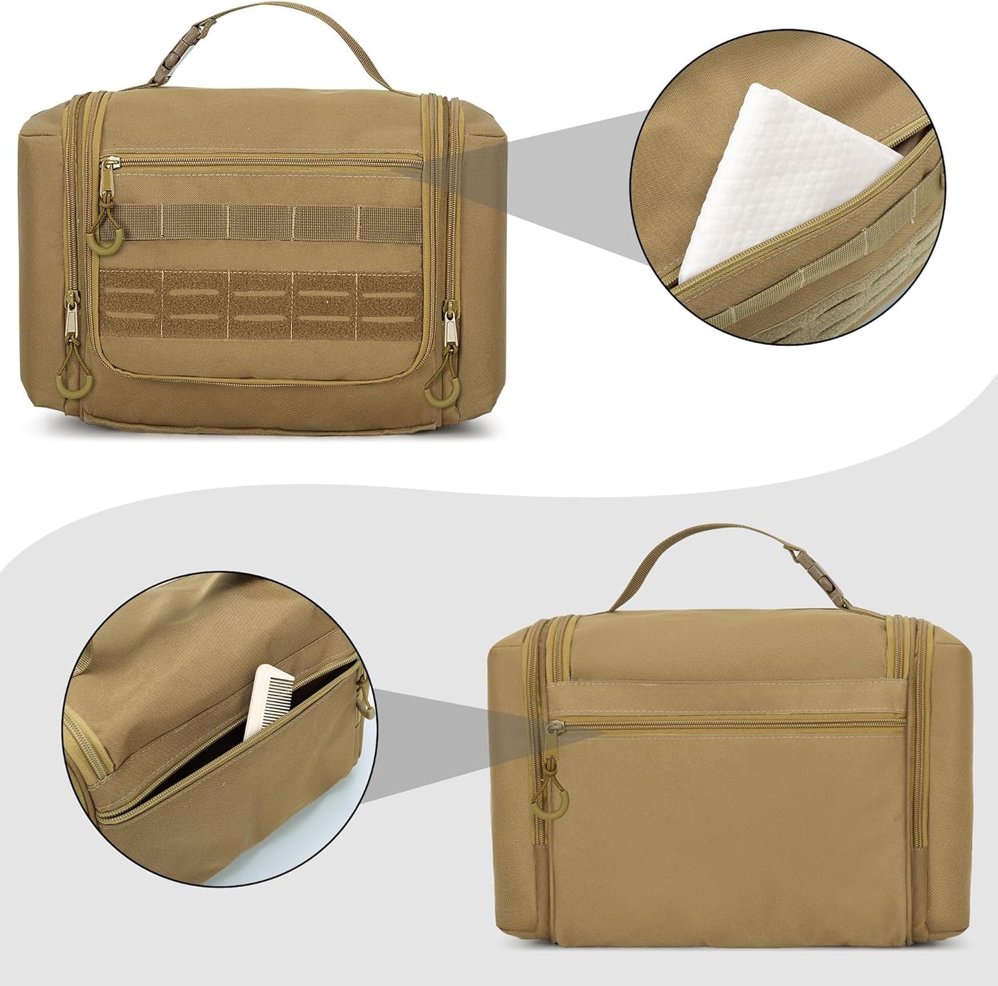 Tactical Toiletry Travel Bag for Men, Hanging Dopp Kit Hygiene Bag Shower Organizer with Hook for Toiletries and Shaving Care, Khaki (Empty Bag)