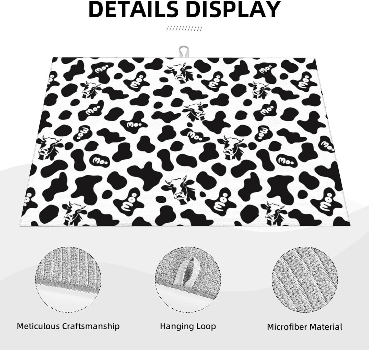 Black White Dish Drying Mat for Kitchen Counter 18"x24" Cow Print Dishes Pad Dish Drainer Rack Mats Microfiber Washable Absorbent Kitchen Decor