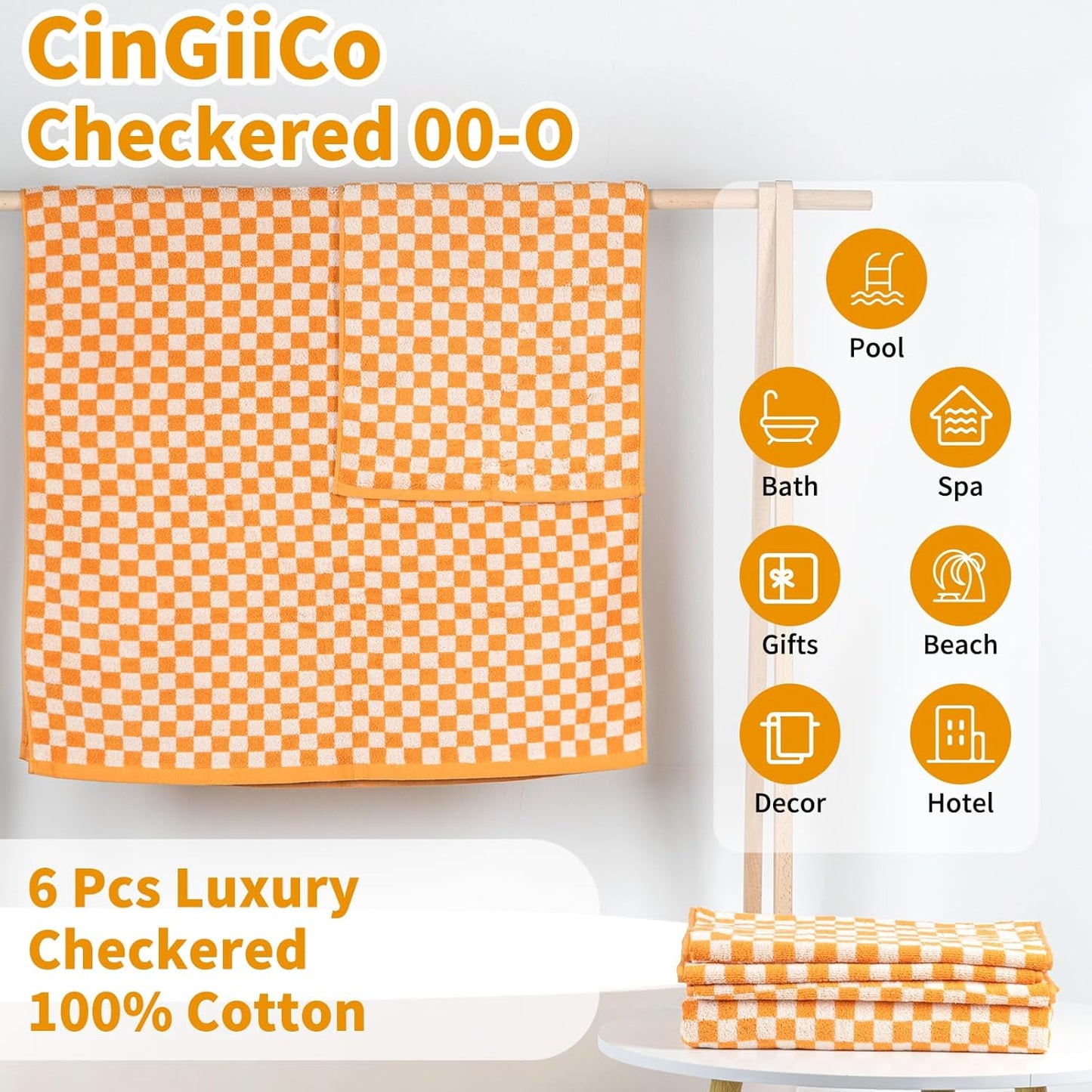 Checkered Bath Towels Set of 6 Large, 520GSM, 100% Cotton Shower Towels * 2 (55.12"*27.56"), Hand Towels * 4 (29.52"*13.77"),Towels for Bathroom、Pool、Hotel, Spa, Soft Absorbent(Orange
