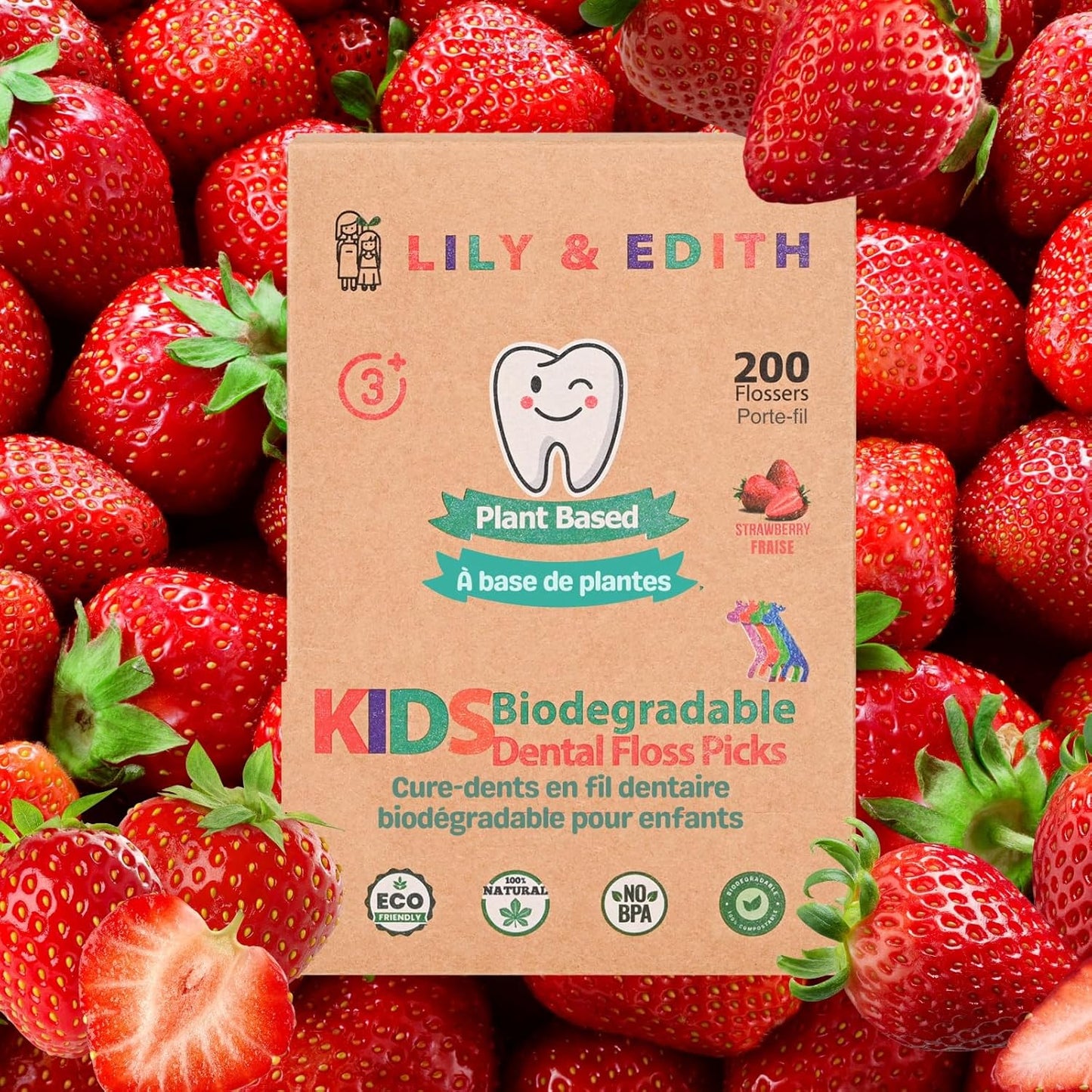 LILY & EDITH Kids Plant Based Dental Floss Picks 200 Counts, Fluoride Free, Corn Starch Material, Chemical Free, Fun Animal Flossing Sticks, Ultra Sturdy Thread, Zero Waste Package (Strawberry)