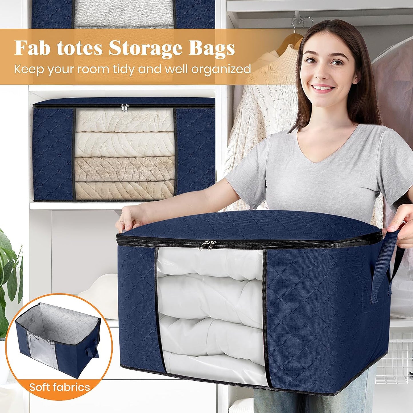 Fab totes 6 Pack Clothes Storage, Foldable Thick Fabric Blanket Storage Bags, Containers for Organizing Bedroom, Closet, Clothing, Comforter,Closet Organization with Handle,Blue