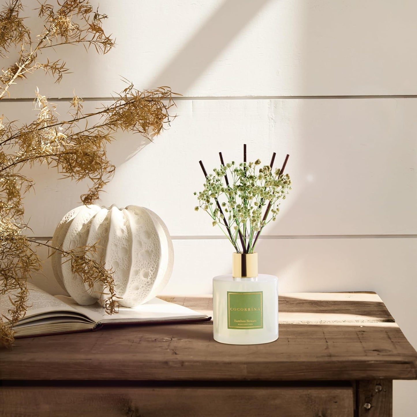 Cocorrína Reed Diffuser - Bamboo Stream Scented Diffuser with 8 Sticks Home Fragrance Reed Diffuser for Bathroom Shelf Decor