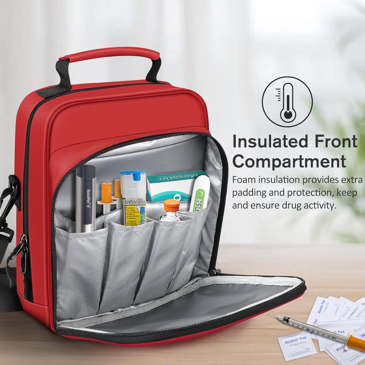 Insulin Cooler EpiPen Carrying Case Insulated, Travel Medication Diabetes Supplies Organizer Bag with Shoulder Strap for Asthma Inhaler, Auvi-Q, Allergy Medicine Essentials (Red)