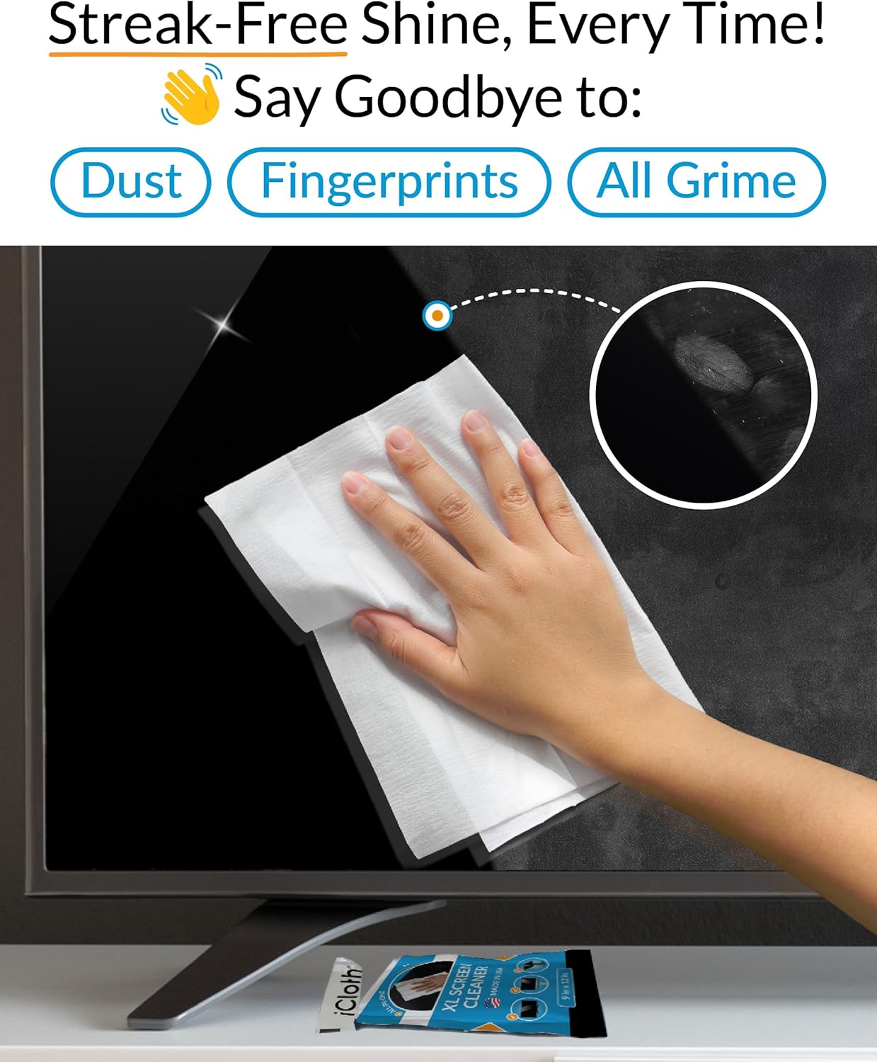 iCloth XL Screen Cleaning Wipes, Lint-Free and Streak-Free, Fast-Drying, Removes Dust, Fingerprints, and Smudges (10 XL Wipes)