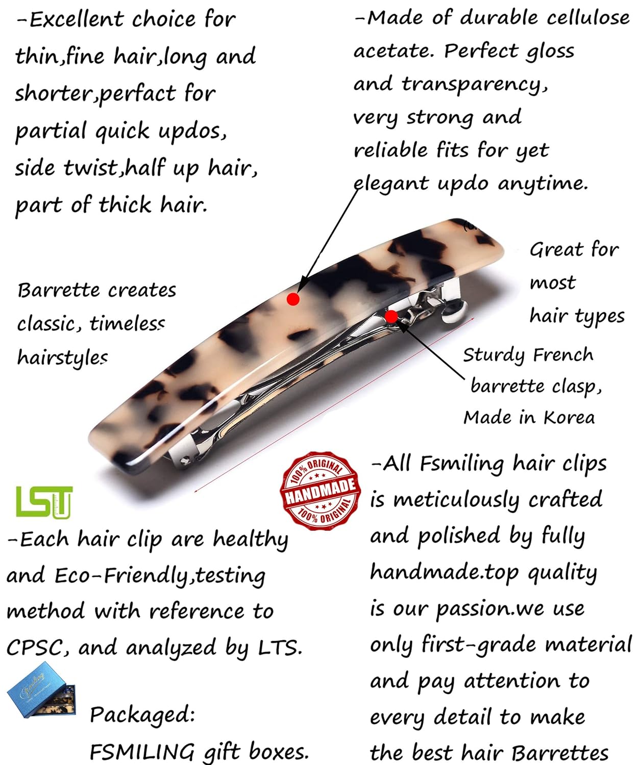 Fsmiling Hair Barrettes for Women French Hair Barrette Clip Small Acetate Hair Clips Barrette No Slip Hair Accessories 3-Pack