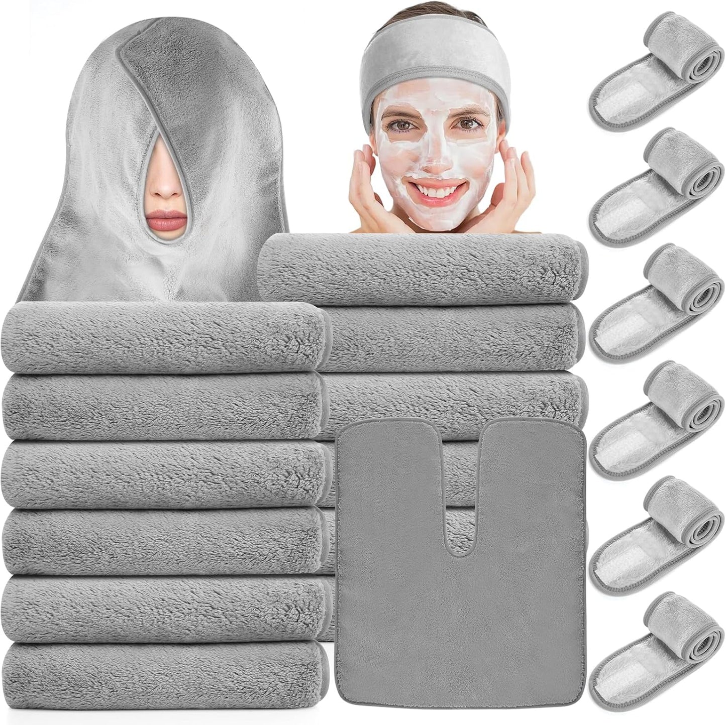 18PCS U-Shaped Microfiber Facial Towels for Estheticians,Ultra-Soft & Absorbent Spa Towels and Facial Spa Headband for Massage, Facial Steam & Skincare (Gray)