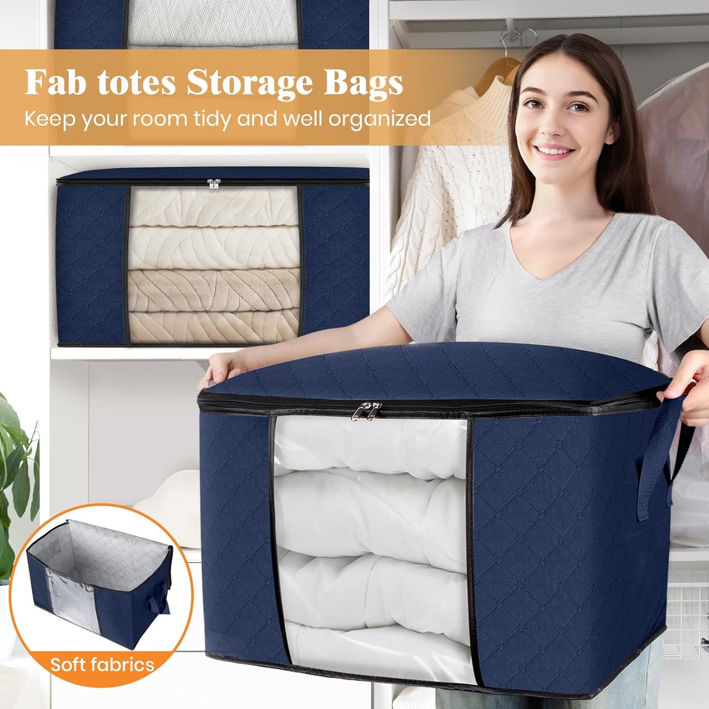 Fab totes 24 Gallons Clothes Storage, Foldable Thick Fabric Blanket Storage Bags, Containers for Organizing Bedroom, Closet, Clothing, Comforter, Organization with Handle (8 Pack,Blue)