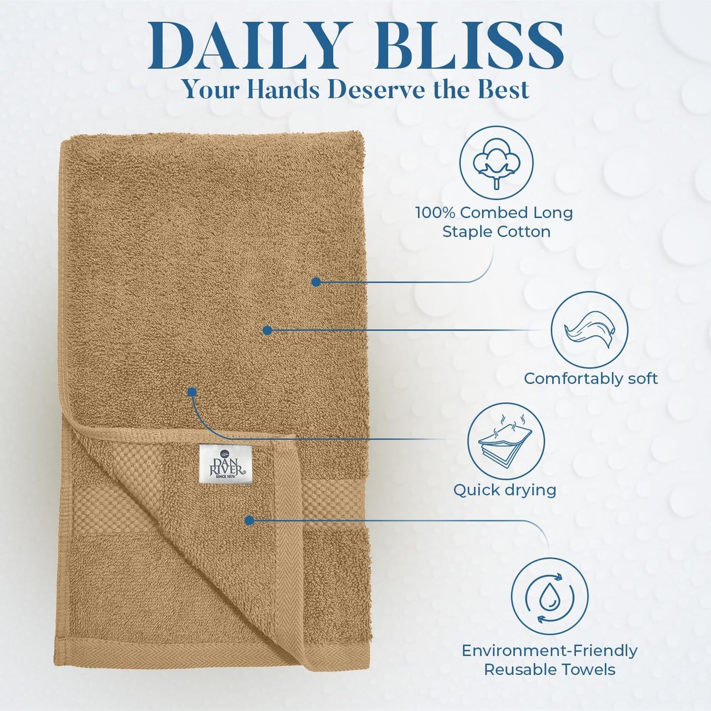 DAN RIVER 6-Pack Premium Hand Towels (16x28 Inches) - 100% Cotton, Ultra Soft, Lightweight, Highly Absorbent Towels for Bathroom, Spa, Gym, Salon, Hotel, and Travel - 550 GSM โ Tan