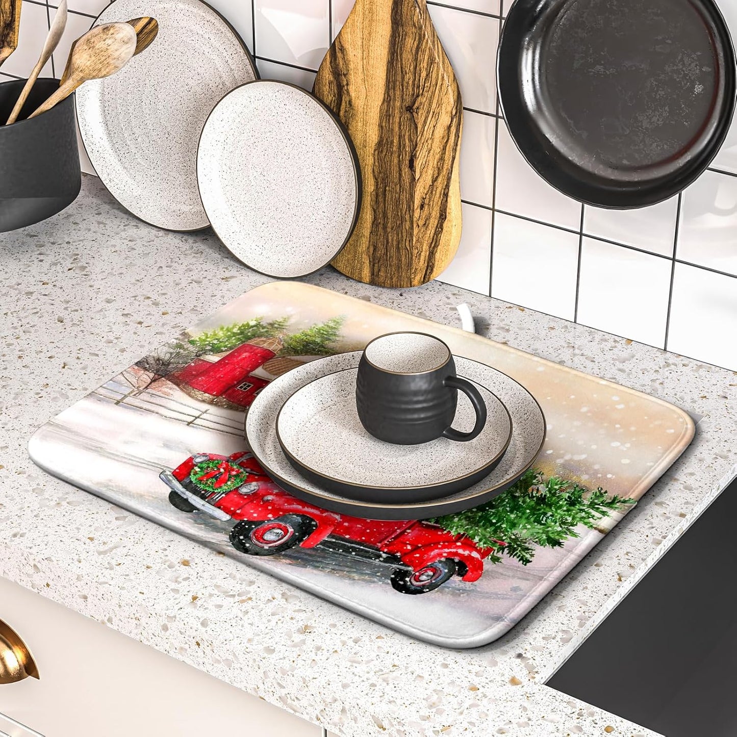 Red Truck Dish Drying Mat Xmas Tree Dish Drainer Rack Mat Winter Microfiber Absorbent Drying Pad for Home Kitchen Counter Decor 16x18 Inch