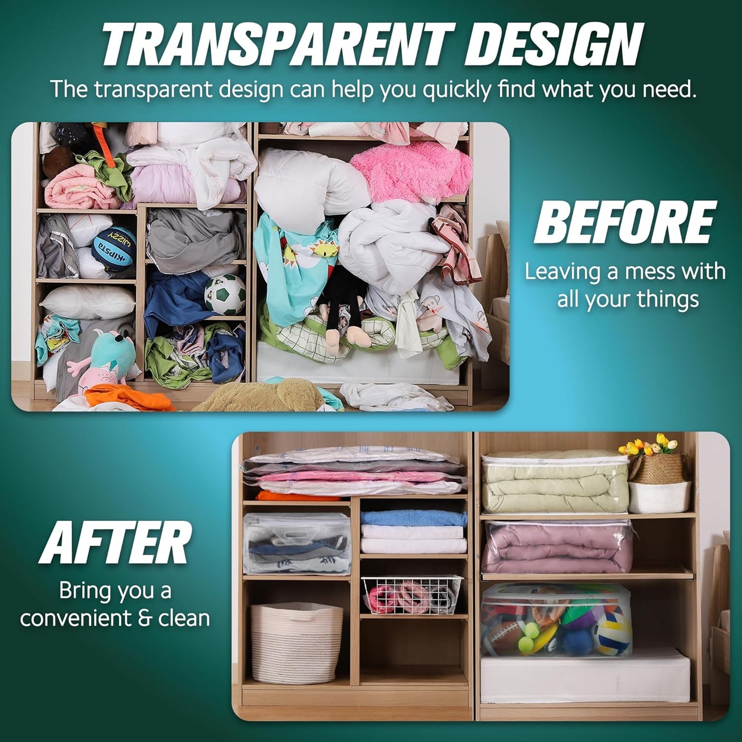 HIBAG 10 Gallon Large Storage Bag for Clothes, Zipper Clothing Storage Bag, Clear Organizer with Reinforced Handles, for Closet and Underbed Storage (2 Pack)