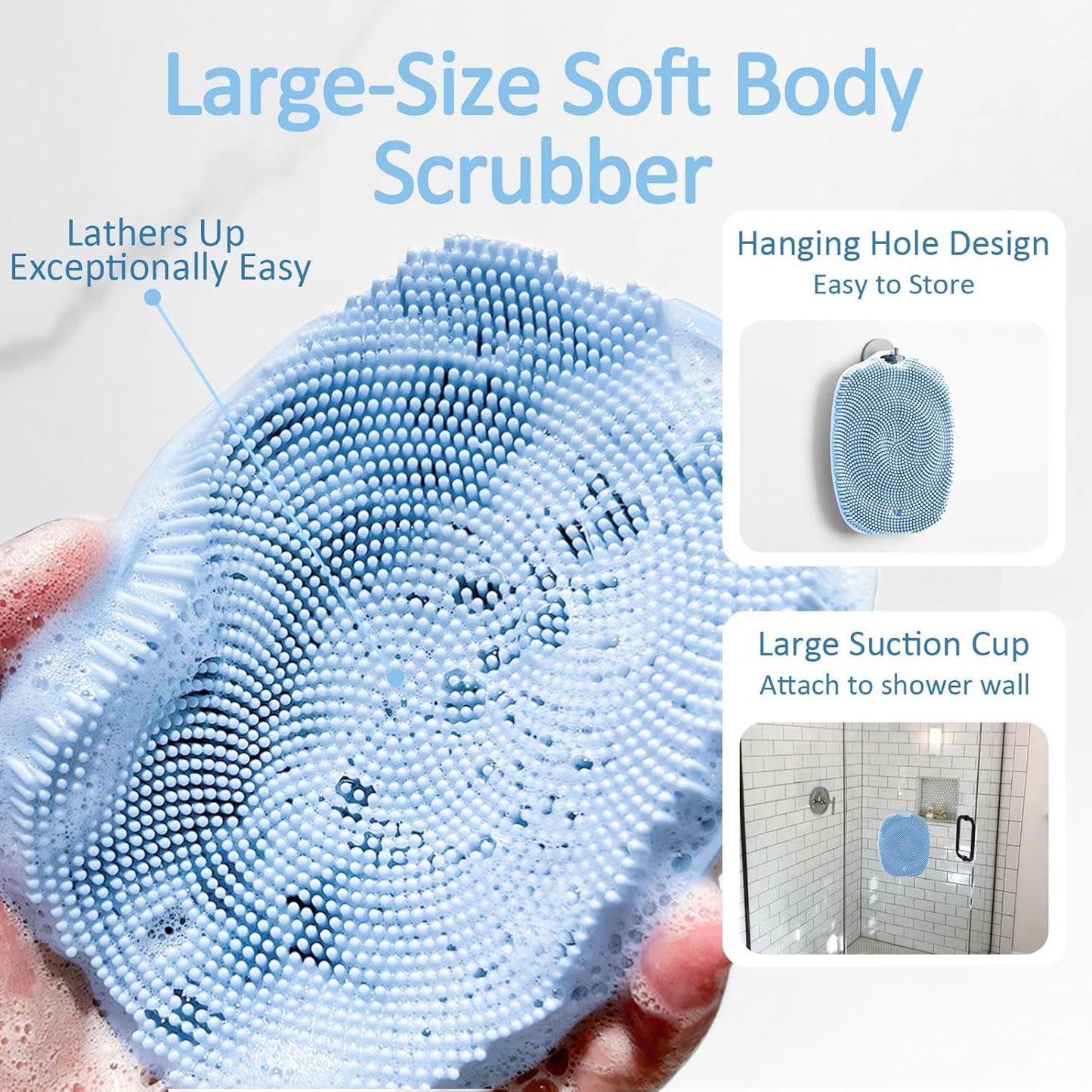 Soft Silicone Body Scrubber Gentle Like a Hand Exfoliating Your Skin and Build Up Lather Easily, Back Large Suction Cup Easy to Store, Long-Lasting & Deep Clean (Blue)