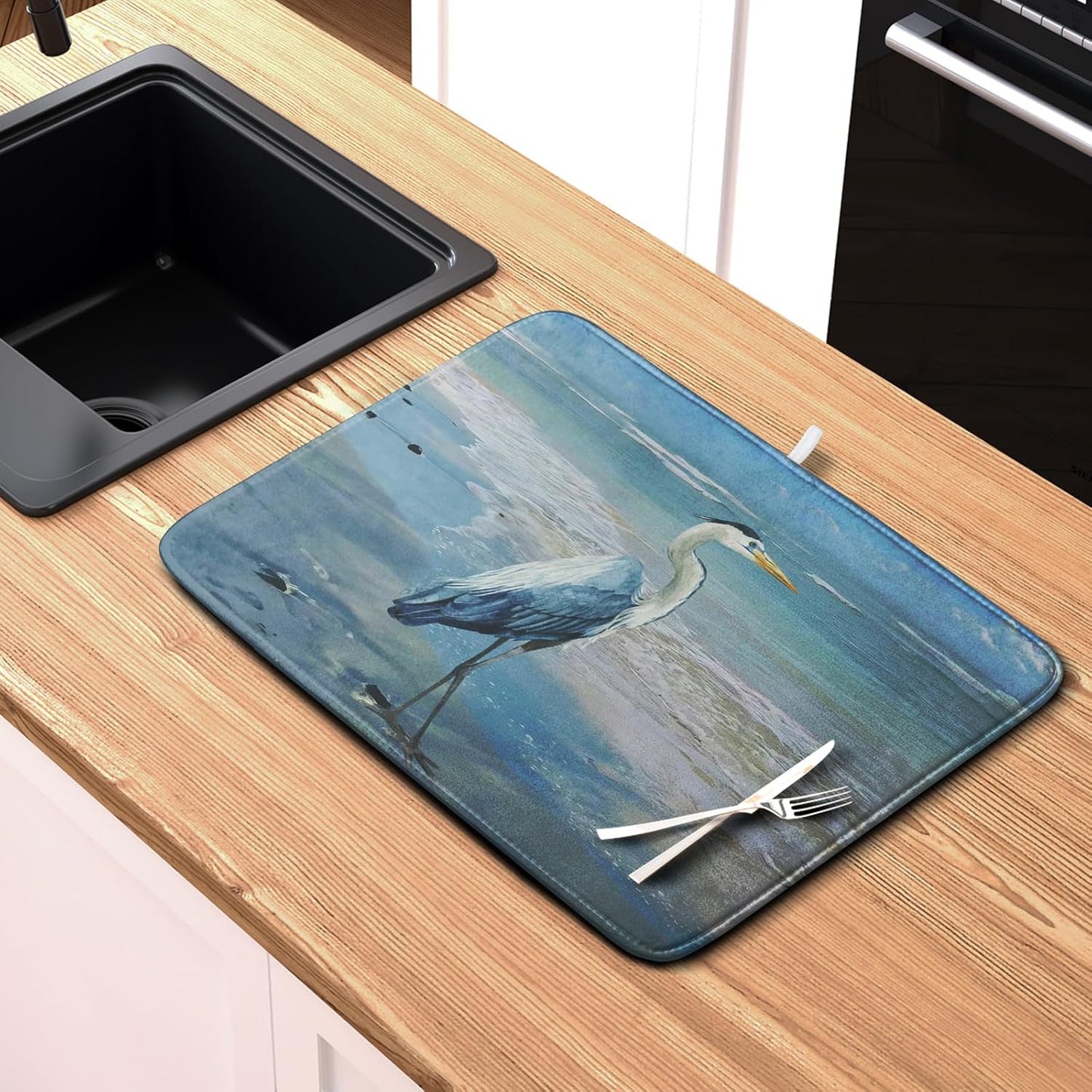 Summer Blue Dish Drying Mat for Kitchen Counter 18x24 Inch Heron Coastal Beach Drying Mats Nautical Ocean Bird Dishes Drainer Mats Microfiber Absorbent Dish Rack Pad