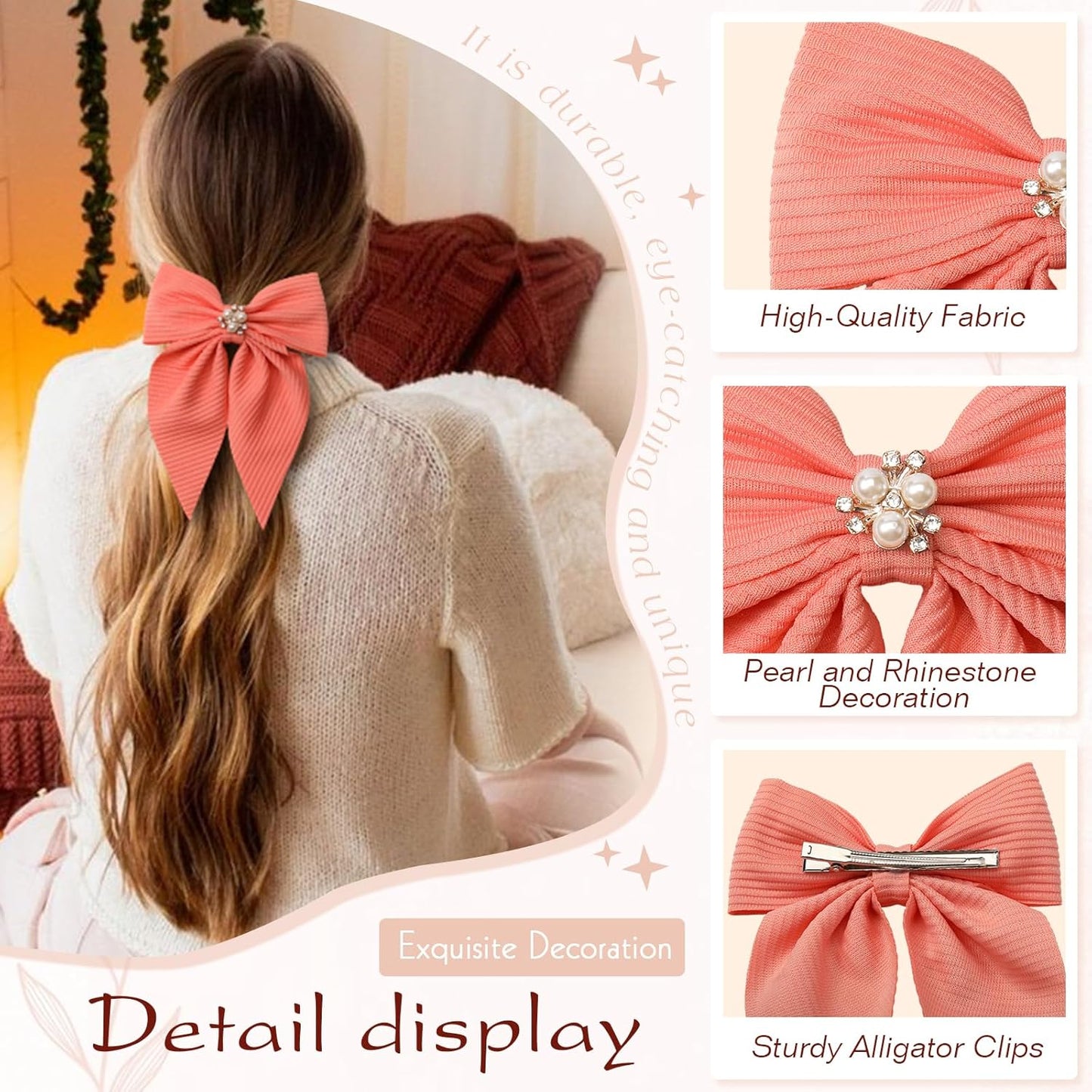 6PCS Hair Bow for Women, Pearl Bow Hair Clips for Girls, Cute Silky Satin Hair Bow Clips, Pink Bow Clip Long Tail, Bows Accessories for Gift