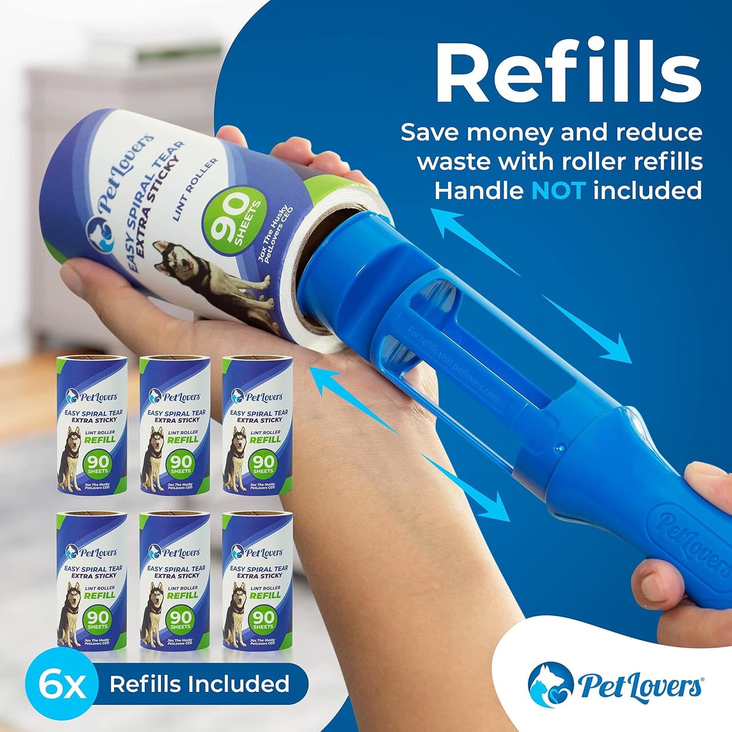 PetLovers Extra Sticky Lint Roller 6 Pack of Refills Only - No Handle Included - 90 Sheets Per Refill 540 Sheets Total