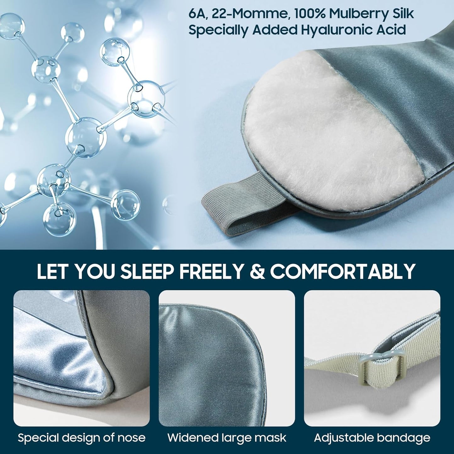 Sleep Mask 100% Mulberry Silk for Light Blocking, ZOESMIEN Eye Mask for Women Men Side Sleeper, Puffiness Dry Eyes Headache, Adjustable Strap, Christmas Gift Package, Misty Blue