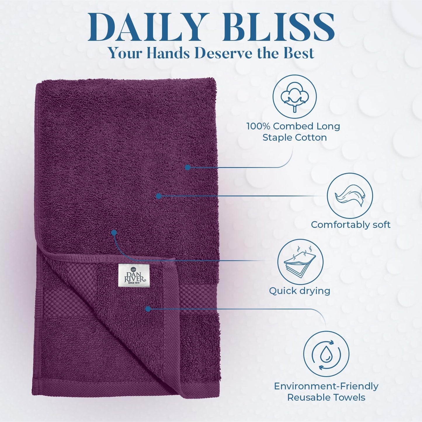 DAN RIVER 6-Pack Premium Hand Towels (16x28 Inches) - 100% Cotton, Ultra Soft, Lightweight, Highly Absorbent Towels for Bathroom, Spa, Gym, Salon, Hotel, and Travel - 550 GSM โ Purple Passion