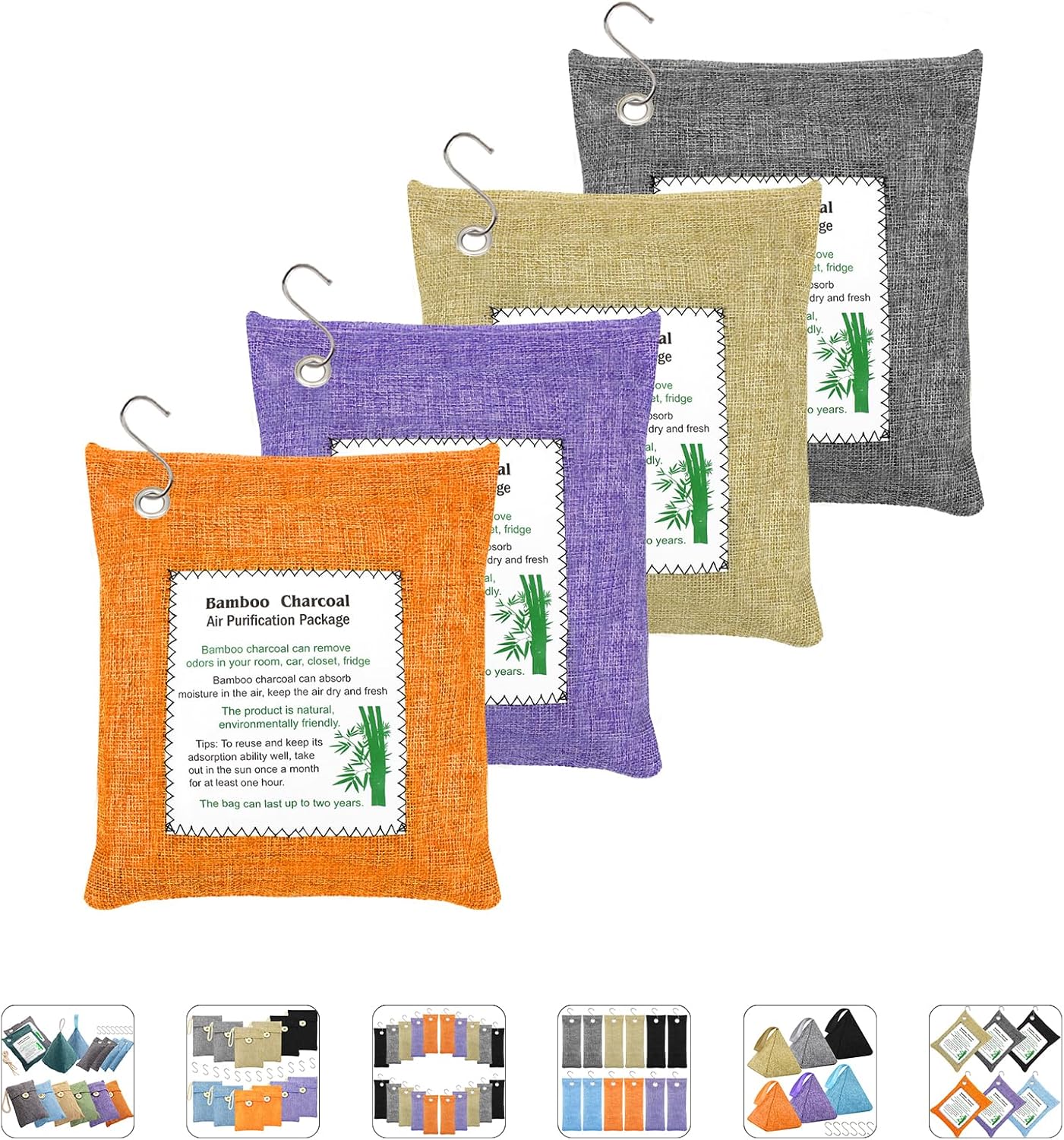 Bamboo Charcoal Bags Odor Absorber 4 Pack×500g Bamboo Charcoal Air Purifying Bags, for Car Air Fresheners, Odor Eliminator for Home,Shoe Deodorizer - Colorful-Activated Charcoal Odor Absorbers