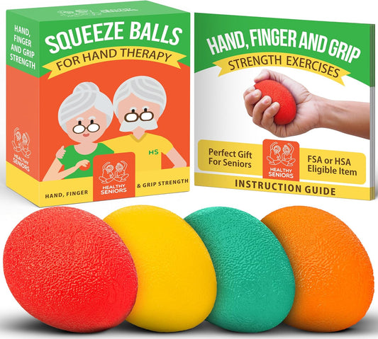 Squeeze Balls for Hand Therapy - Set of 4-Hand Exercise Balls for Arthritis & Carpal Tunnel - Stress Ball for Adults Therapy with Printed Guide Book and Videos