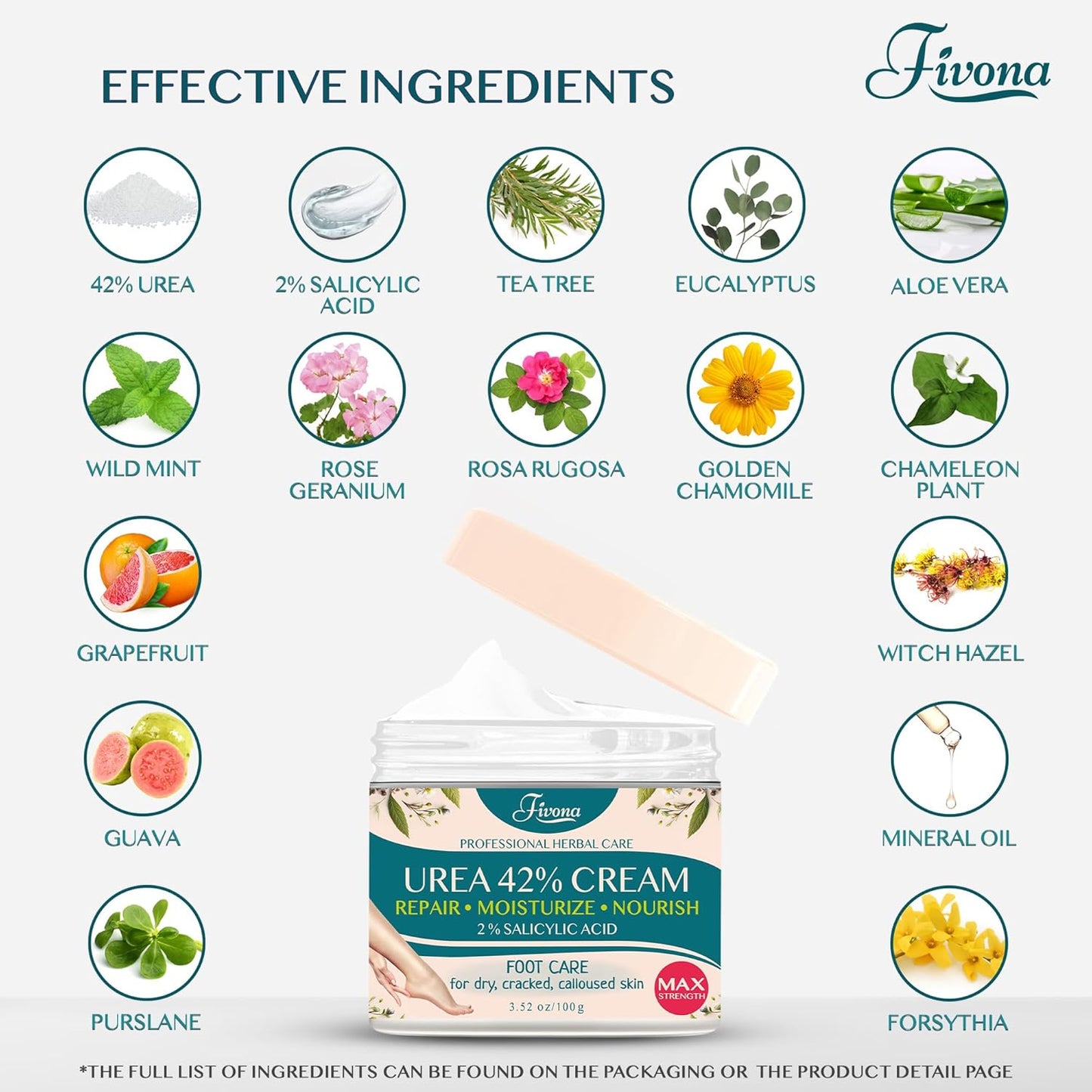 FIVONA 42% Urea Cream with 2% Salicylic Acid, Foot Cream for Feet Maximum Strength with Tea Tree and Aloe Vera Extracts Foot Lotion for Dry Cracked Heels, Callus Remover, Moisturizer Repair Cream