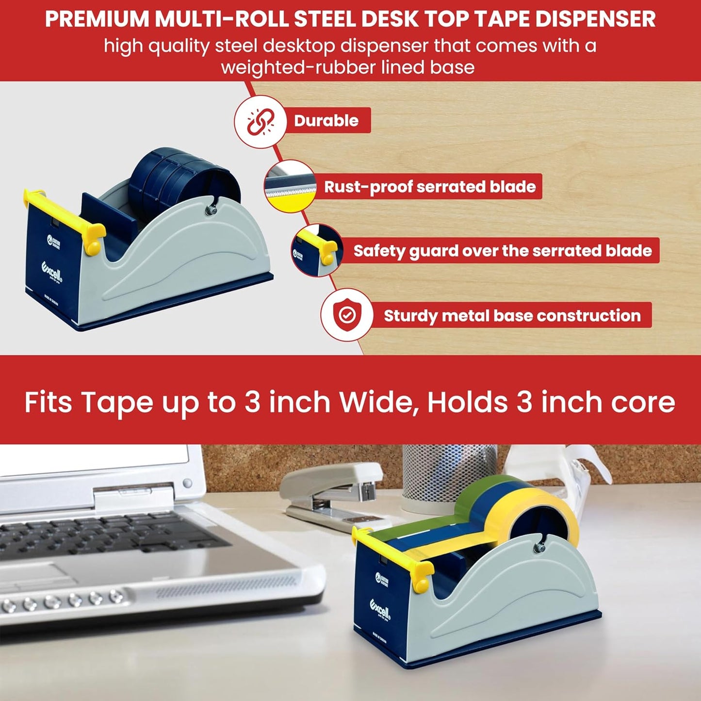 GGR Supplies ET-13370 Blue/Grey Premium Multi-Roll Steel Desk Top Tape Dispenser: 3 in. Wide (3 in. core). Manufactured by Excell