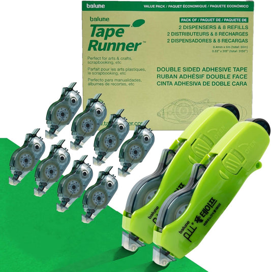 Double Sided Tape with Retractable Dispenser Roller - Permanent, Acid Free, Transparent - 2 Runners & 8 Refill Cartridges - Ideal Scrapbook Supplies & Scrapbooking Supplies Kit - 315 Inches Each