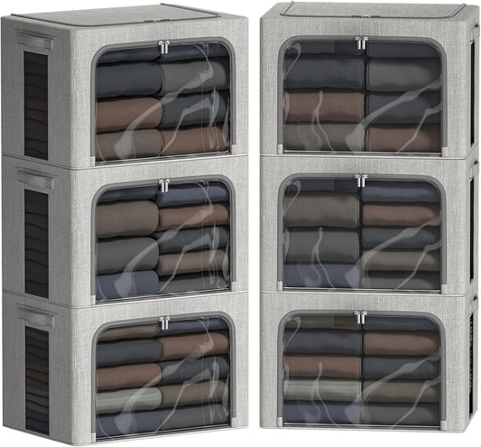 FHSQX 6 Pack Clothes Storage Bins with Metal Frame Foldable Storage Bins for Clothes Linen Fabric Storage Box with Clear Window (Light Grey, 19.7x15.7x13inch(66L))