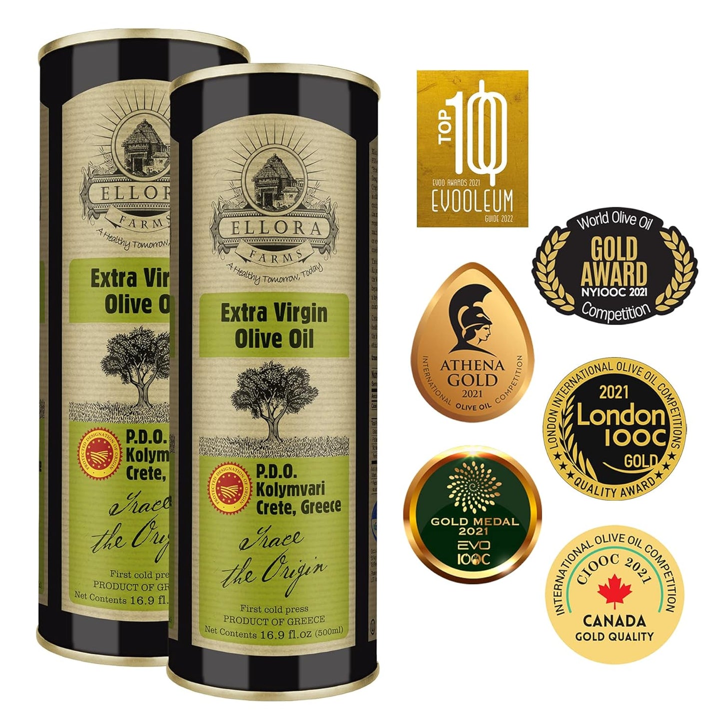 Ellora Farms, Single Estate Extra Virgin Olive Oil, PDO Crete, Greece, Traceable Olive oil, Kosher, 17 oz. Tin, Pack of 2