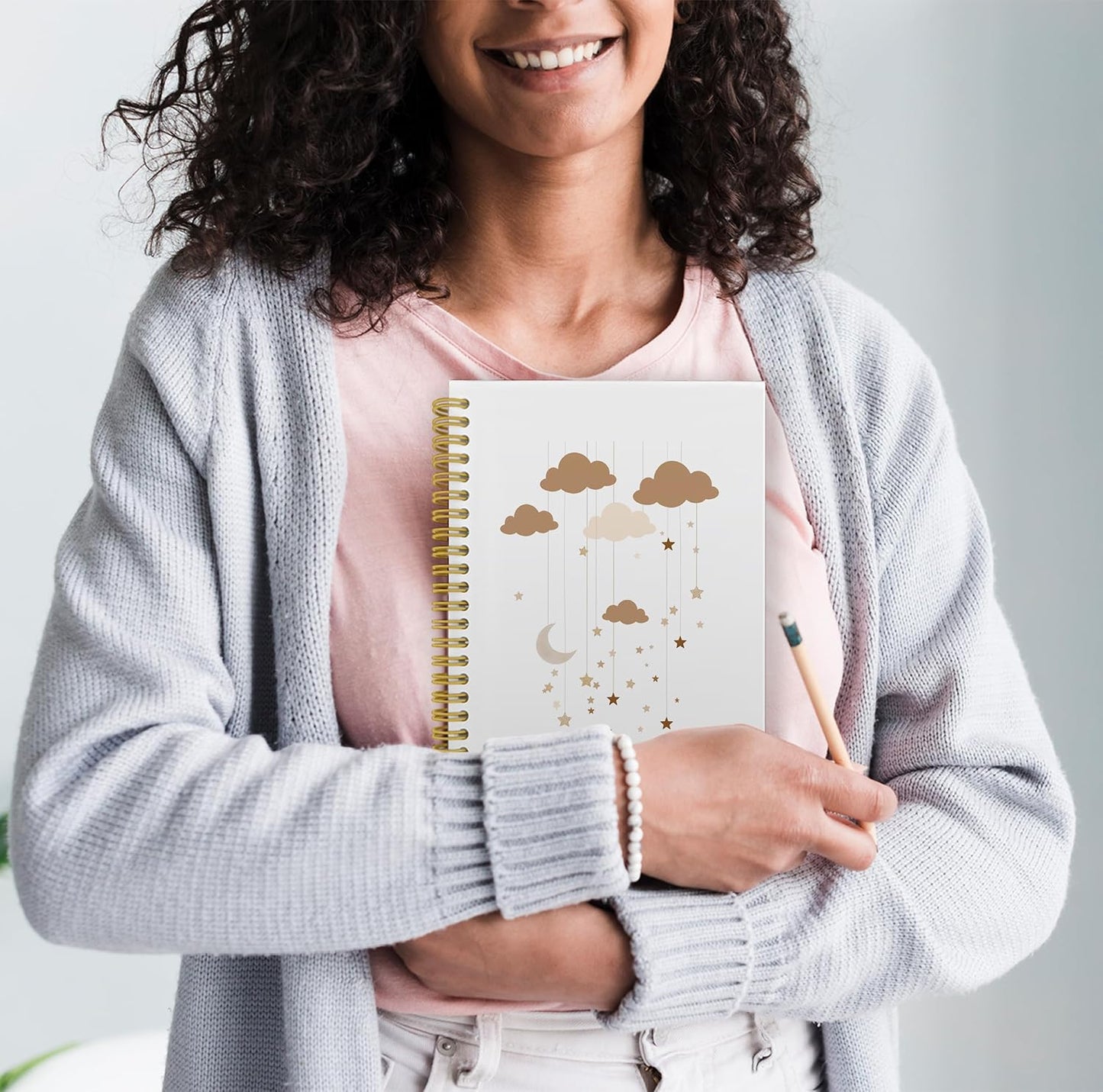 Cute Boho Moon Stars Cloud Notebook Journal, Cute Notebooks for Office, Boho Office Supplies, Notebooks for Work Note Taking, Spiral Notebook 5.5x8.3 with 164 Pages