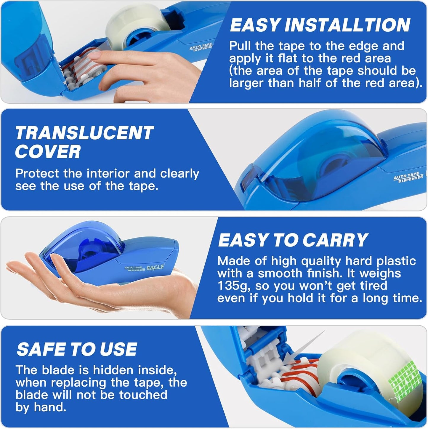 Eagle Automatic Tape Dispenser, Handheld & Portable Design, Office Tape Gun, One-Handed Operation with Safety Blade for Office, Home, DIY or Packaging (Includes 2 Free Tapes)(Blue)