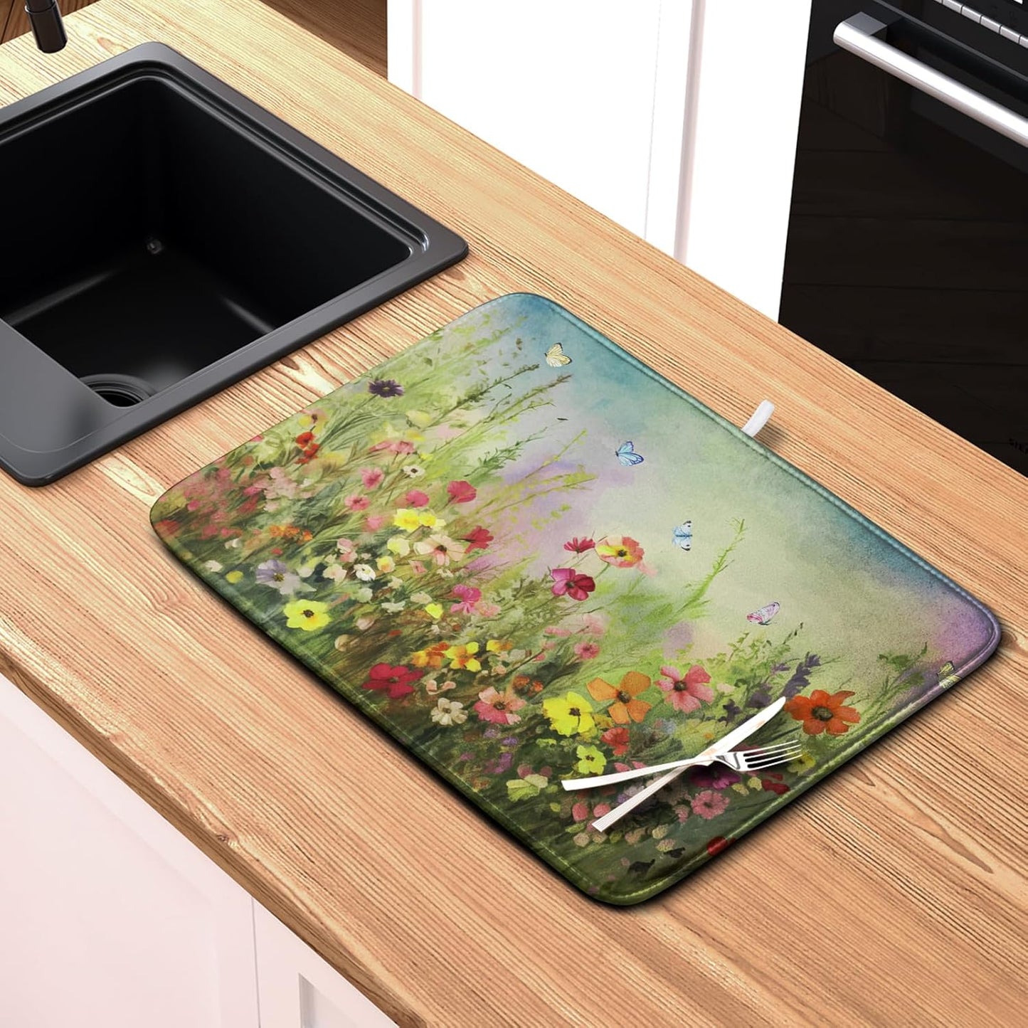 Spring Floral Dish Drying Mat for Kitchen Counter 16x18 Inch Sage Green Wild Flowers Drying Mats Spring Summer Plant Microfiber Absorbent Dish Rack Pad for Coffee Bar Sinks Home Accessories