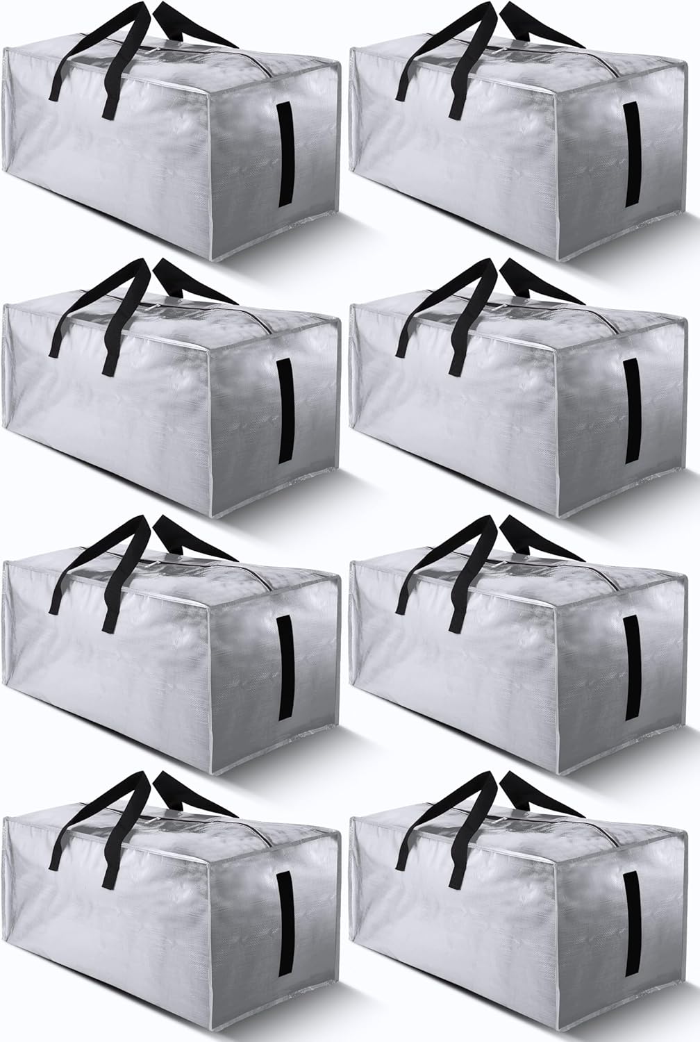 8 Pack Large Strong Bags with Zippers & Carrying Handles - Water-Resistant - Heavy Duty Storage Tote for Space Saving Storage, Fold Flat, Alternative to Moving Box (Silver)