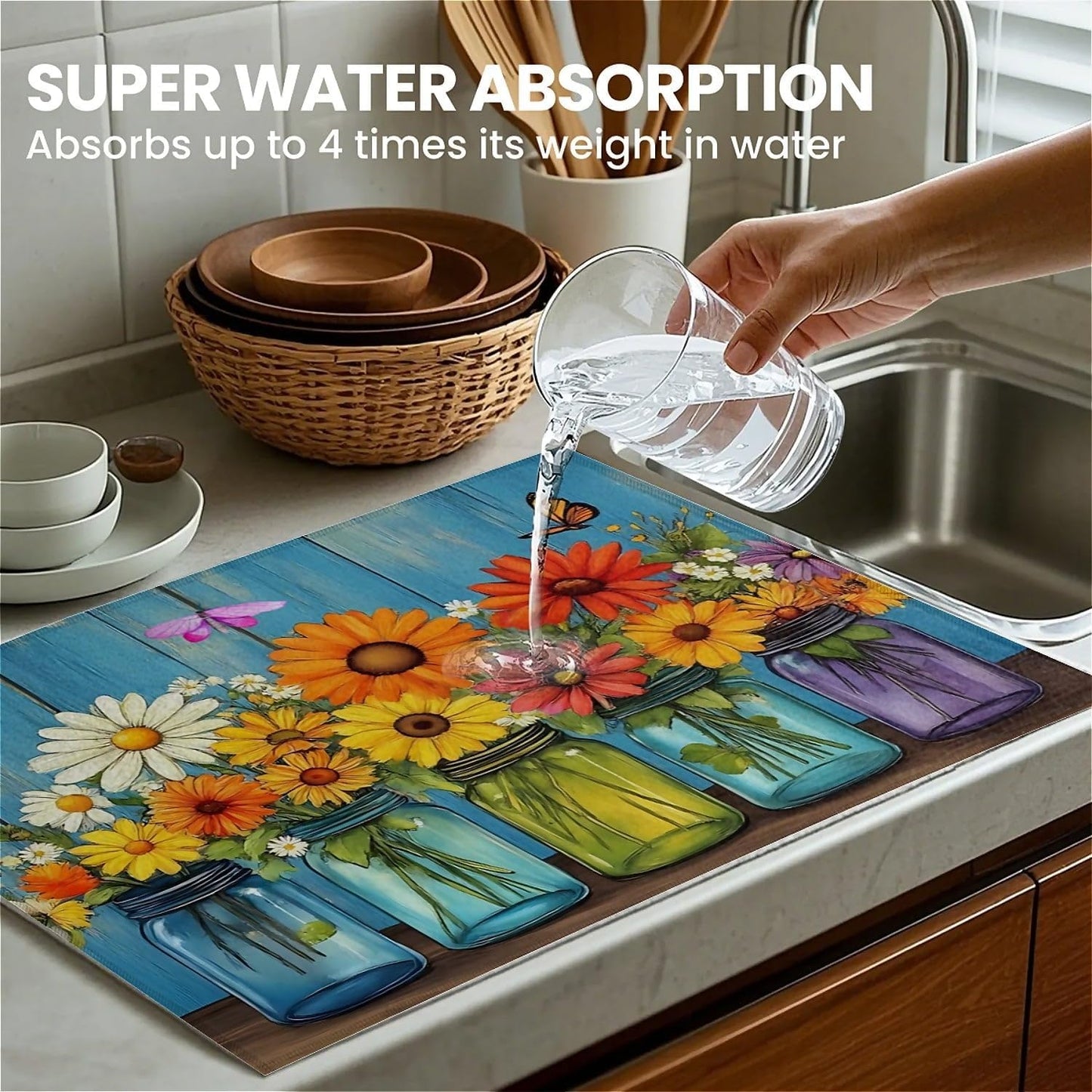 Dish Drying Mat For Kitchen Counter, Vintage Daisy Flower Microfiber Absorbent Dish Drainer Rack Pad Reusable Large 18x24in Drying Mat