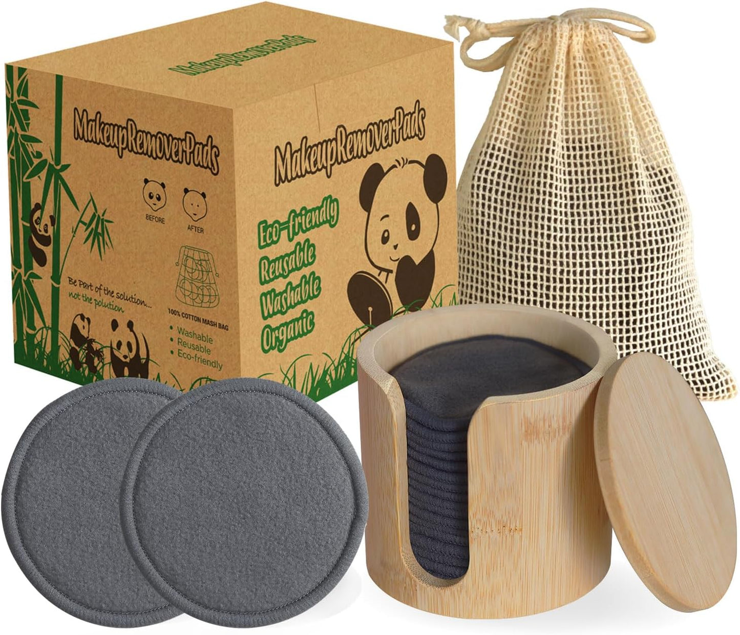 Reusable Cotton Rounds 16Pcs - 100% Natural Bamboo Cotton Pads for Face, Makeup Remover With Laundry Bag and Bamboo Holder (Gray)