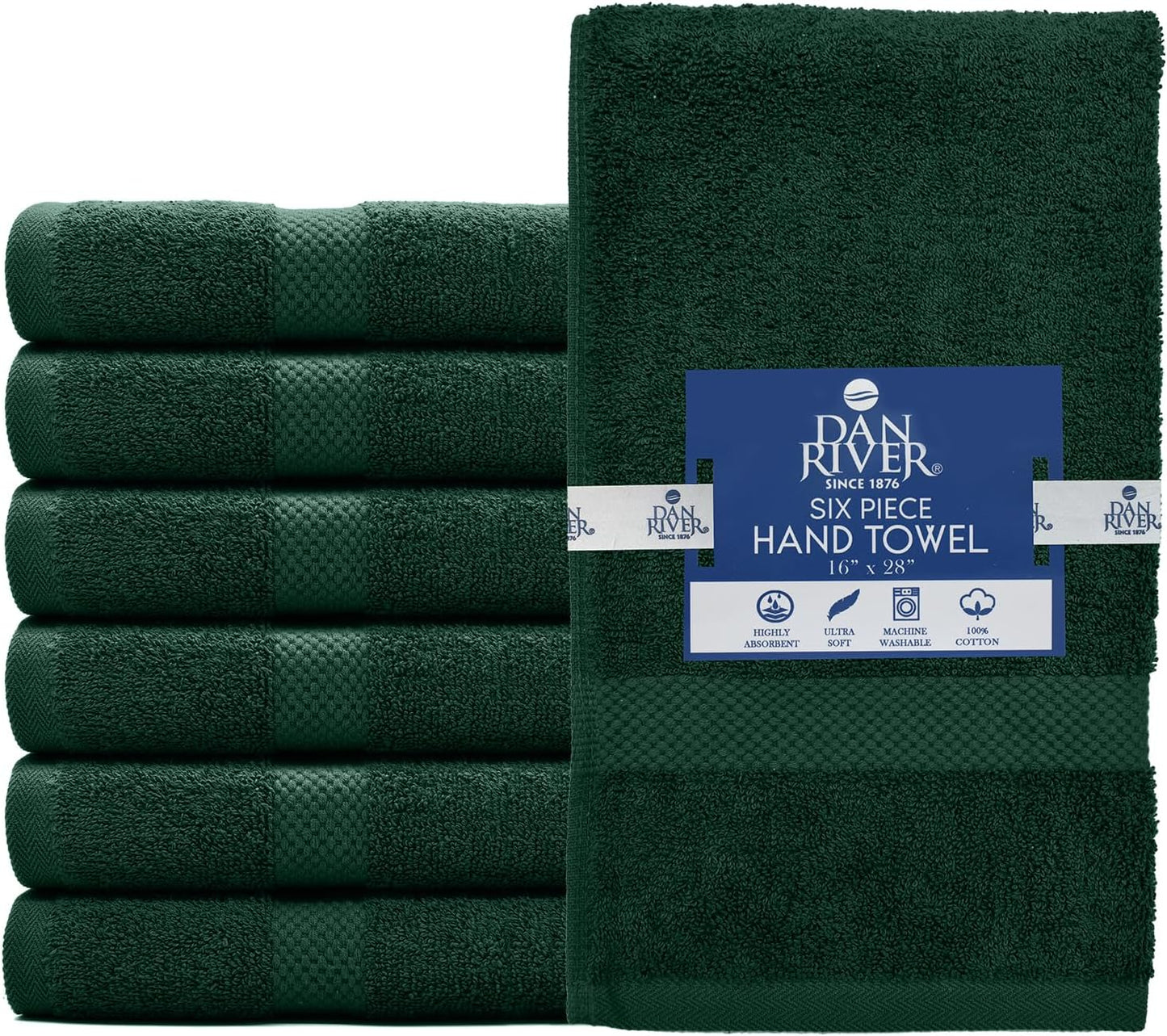 DAN RIVER 6-Pack Premium Hand Towels (16x28 Inches) - 100% Cotton, Ultra Soft, Lightweight, Highly Absorbent Towels for Bathroom, Spa, Gym, Salon, Hotel, and Travel - 550 GSM, Hunter Green