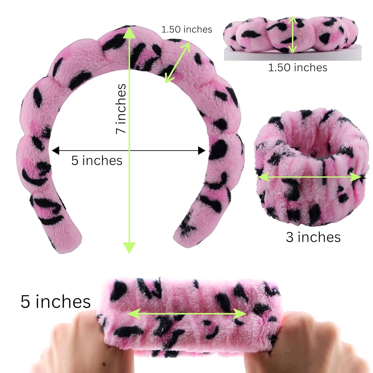Spa Headband Wrist Band for washing face set Sponge Makeup Skincare Headband Wrist Towels Bubble Soft Terry Towel Cloth Hairband for Women Puffy Headwear Non Slip Thick Thin Hair Headwear (Leopard)