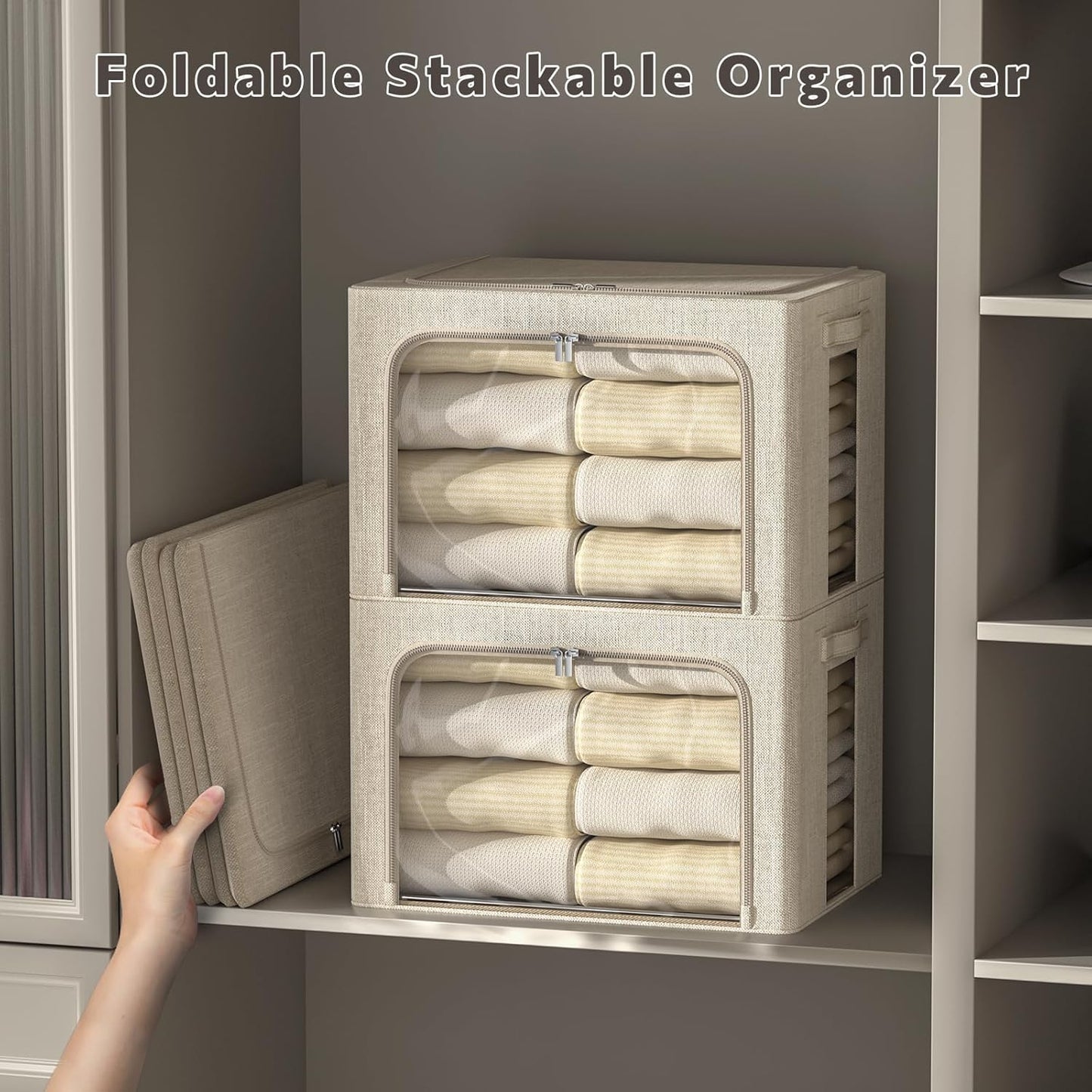 FHSQX 6 Pack Clothes Storage Bins with Metal Frame Foldable Storage Bins for Clothes Linen Fabric Storage Box with Clear Window (Beige, 19.7x15.7x13inch(66L))