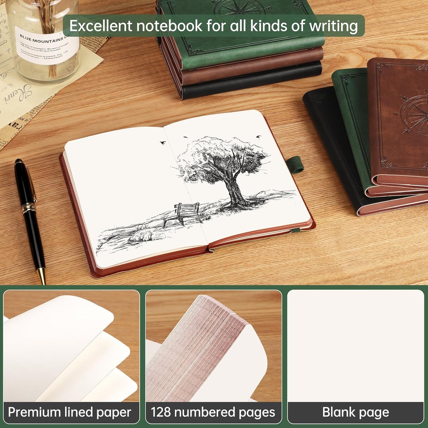 AHGXG Small Blank Pocket Journal Notebook for Men - 256 Numbered Pages B6 Mini Journal, Vintage Soft Leather Hardcover, 80gsm Paper, for Women Work Office School, 4.1'' X 5.7''- Dark Green