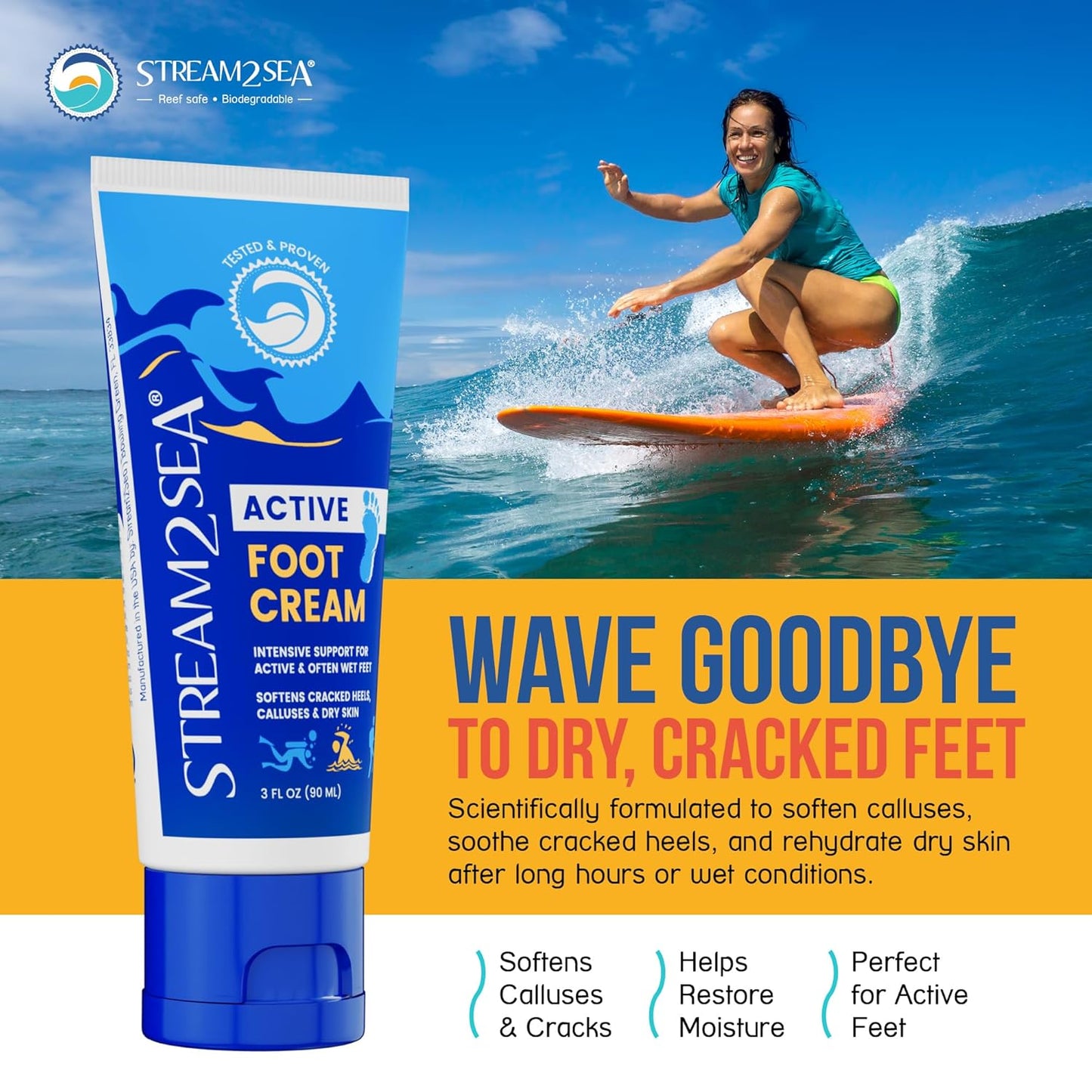 STREAM 2 SEA Active Foot Cream, Intensive Support for Active & Often Wet Feet - Softens Cracked Heels, Calluses & Dry Skin, Enriched with Neem and Tea Tree, Fast-absorbing and Non-greasy - 2 Pack