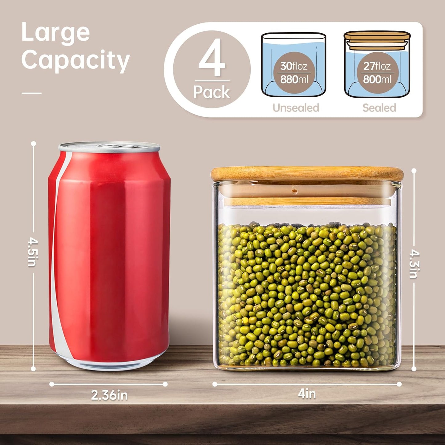 27oz - 4 Pack Square Glass Jars with Bamboo Lids, Glass Food Storage Containers with Airtight Lids for Kitchen, Air Tight Pantry Storage Containers for Cereal, Pasta, Rice, Sugar, Coffee, Spice