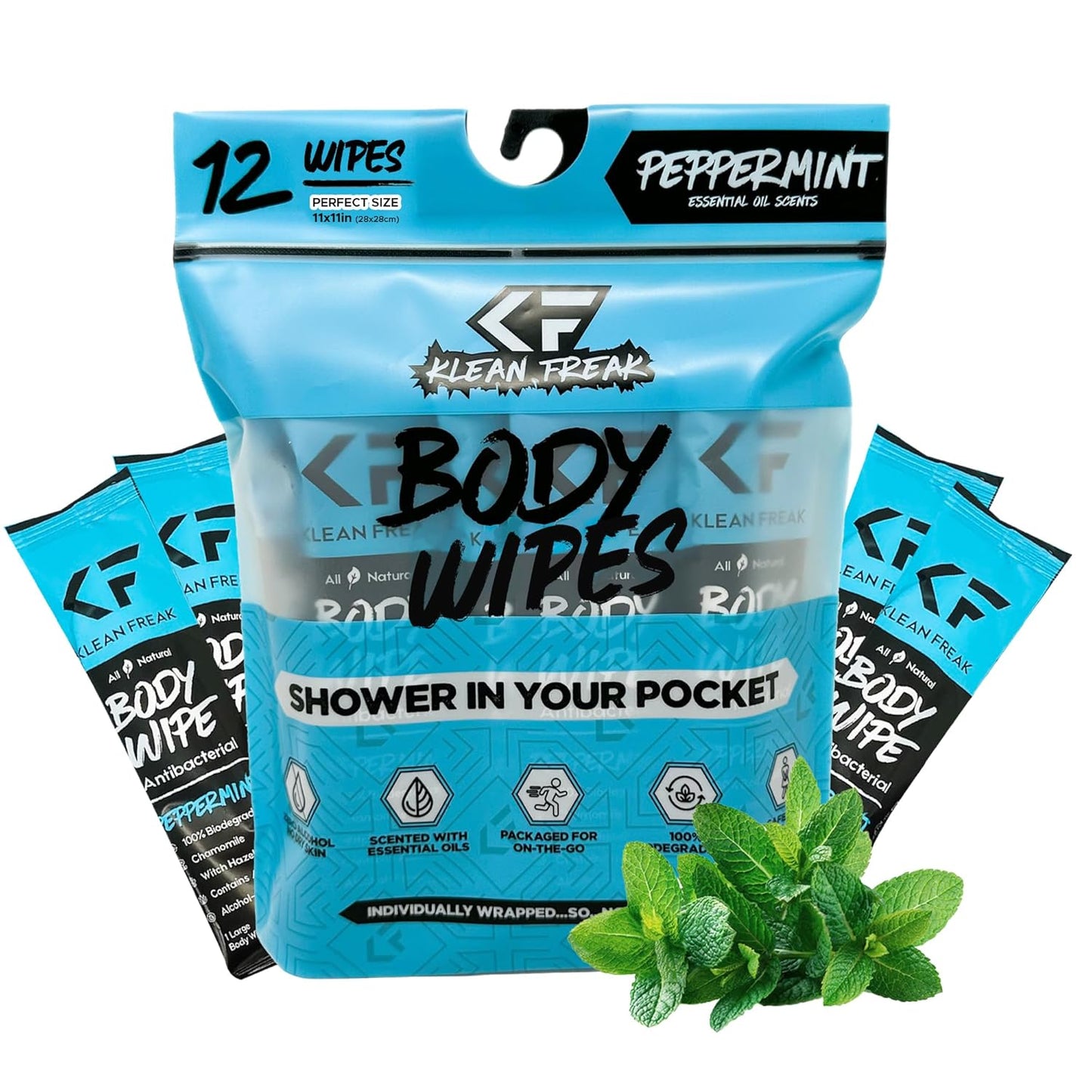 The Klean Freak Body Wipes - 12 count Individually Wrapped | Showerless Body Wipe for Women & Men | Sustainable Bodywipes for Gym, Travel, Camping | Peppermint