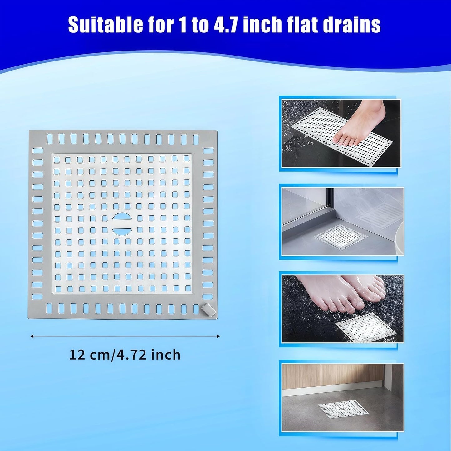 Shower Drain Hair Catcher,2Pcs,4.72'',Flat Drain Hair Catcher,Shower Drain Cover/Filter, Bathroom/Kitchen Sink Drain Strainer,Stainless Steel and TPE