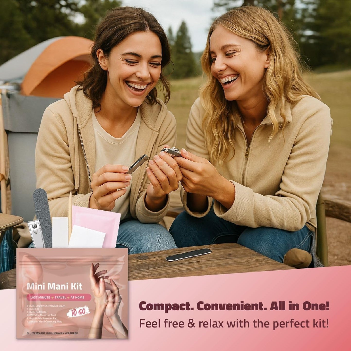 Mini Mani Kit – Disposable Manicure Set with Nail Clipper, File, Buffer, Cuticle Stick & Polish Remover Pad – Compact One-Time Use Nail Care Kit for Travel, Purse, Desk, or Car (Peach)