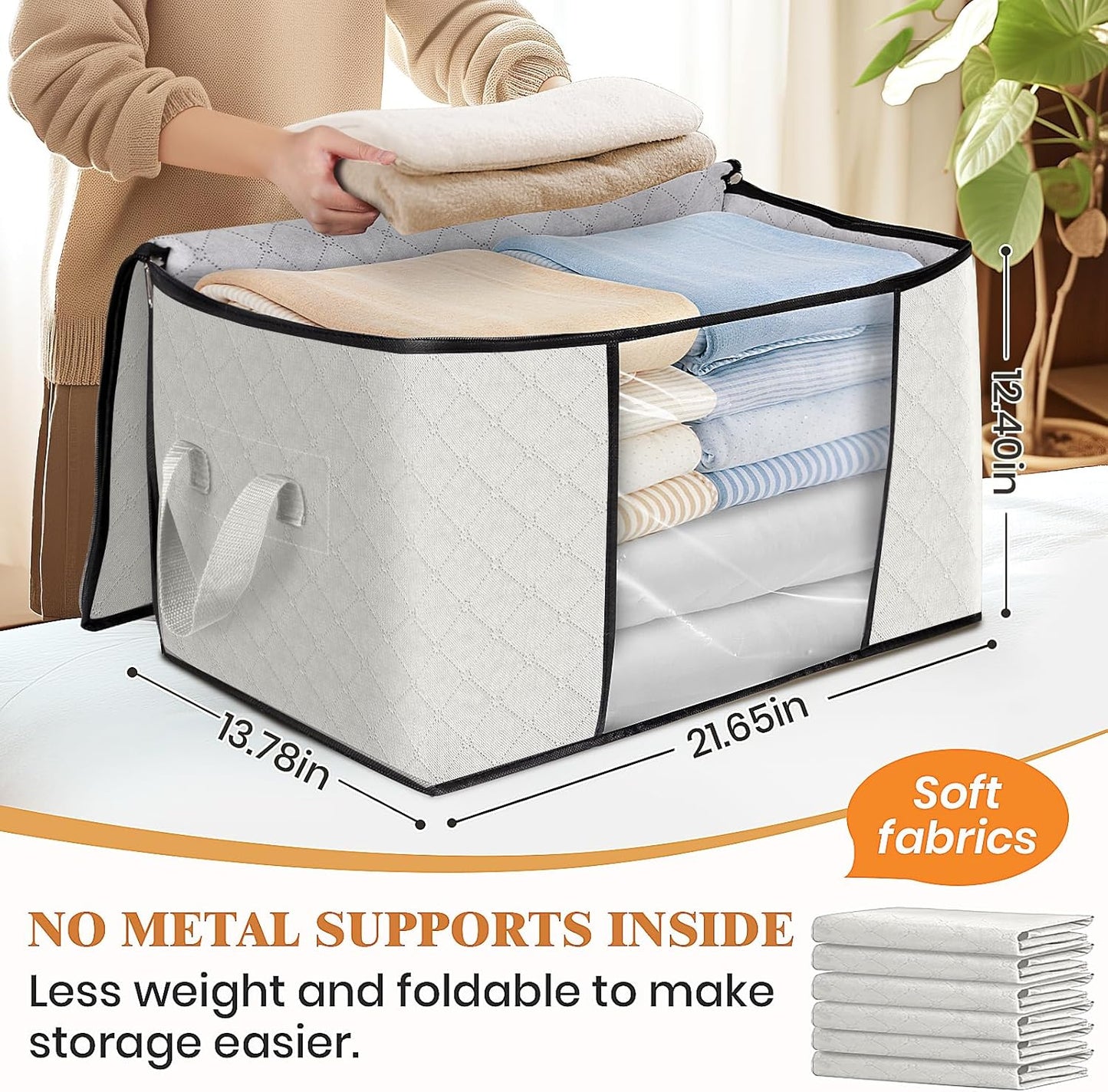 Fab totes 8 Pack Clothes Storage, Foldable Thick Fabric Blanket Storage Bags, Containers for Organizing Bedroom, Closet, Clothing, Comforter, Organization with Handle,Ivory White