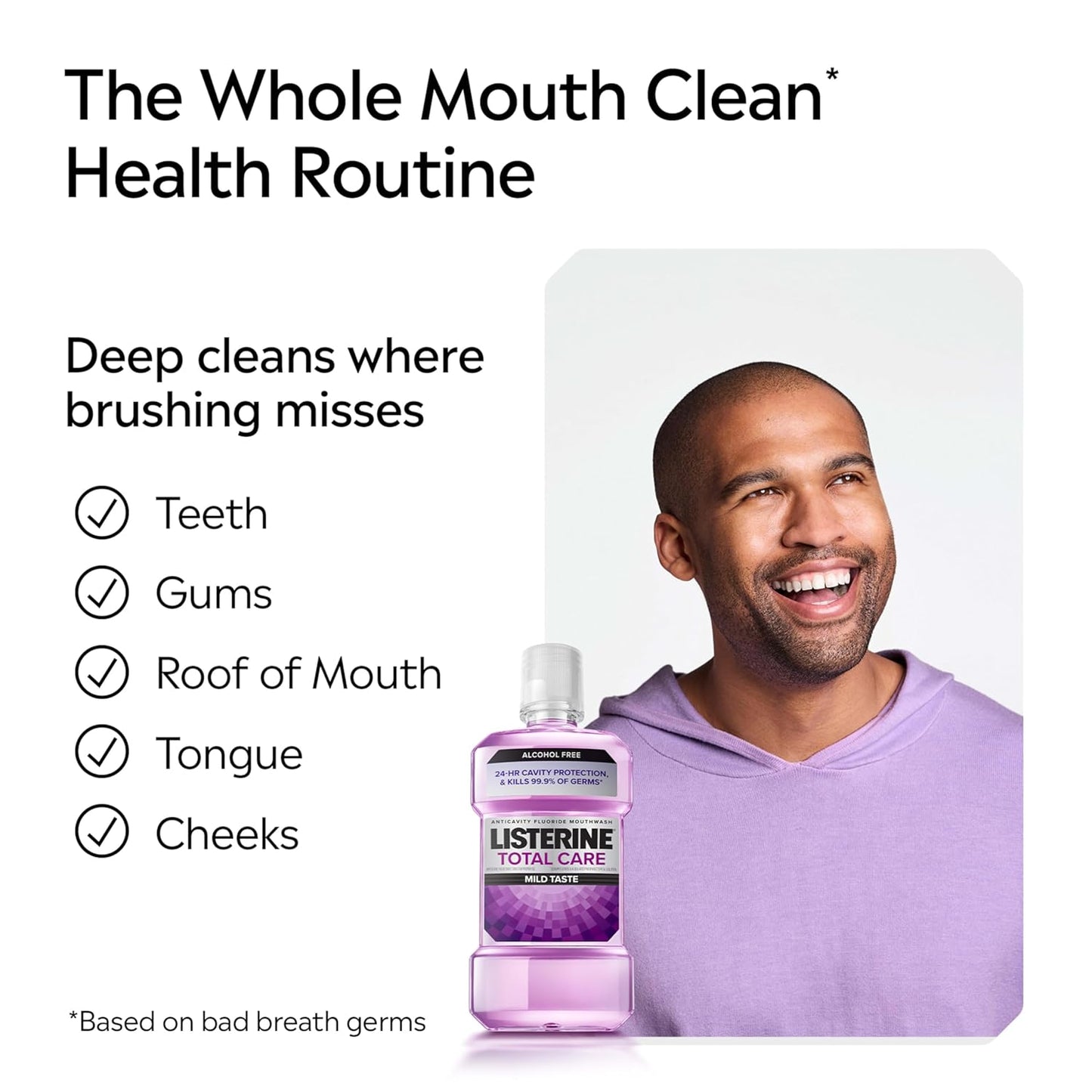 Listerine Total Care Alcohol-Free Anticavity Fluoride Mouthwash, 6 Benefit Oral Rinse to Help Kill 99% of Germs That Cause Bad Breath, Strengthen Enamel, Fresh Mint Flavor, 500 mL