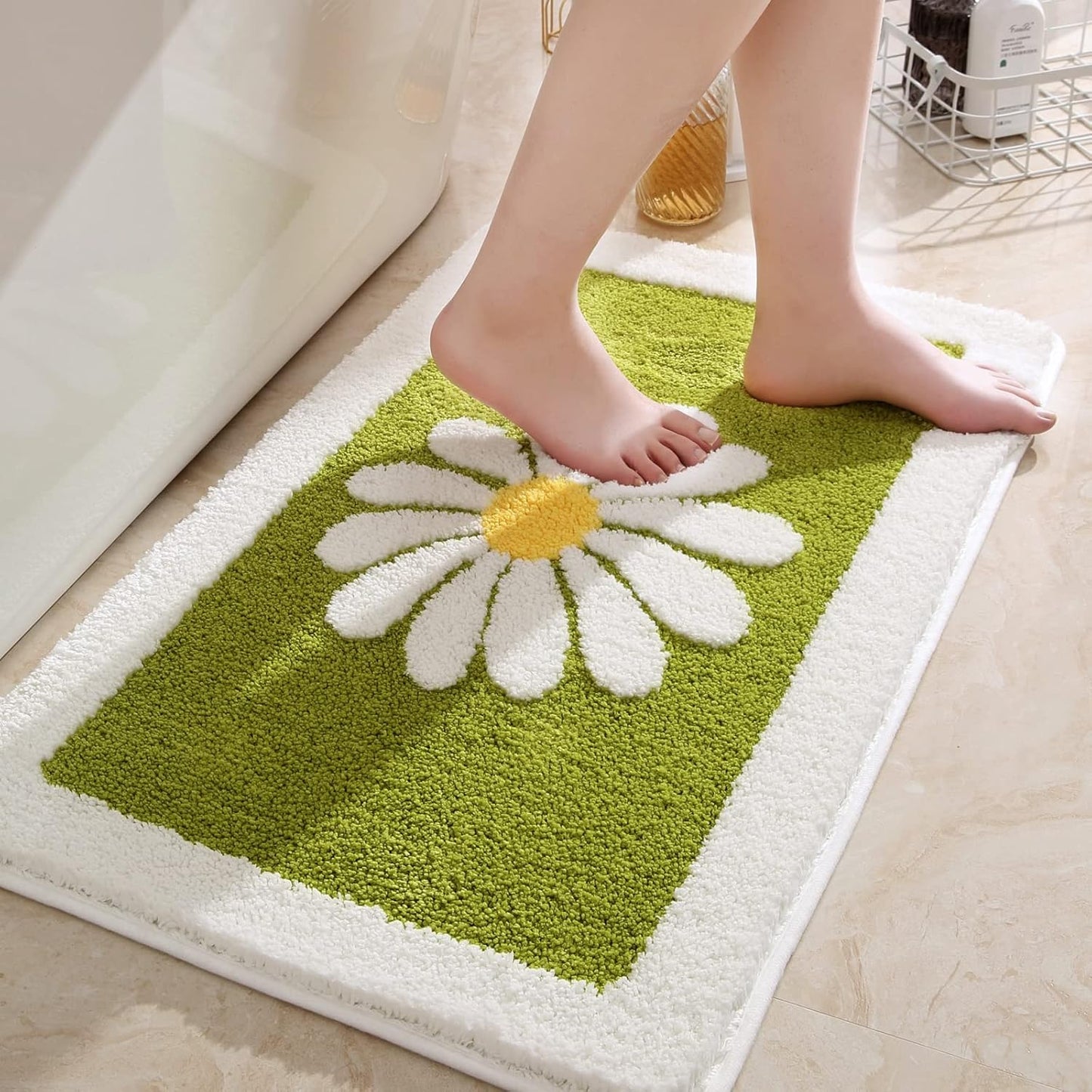 Bathroom Rugs Mat, White Flower Bath Rugs Fluffy Soft Superfine Fiber Rugs Non Slip Bath Mat Machine Wash Plush Mats, Bathroom Rug for Bathroom Shower Room (16"×24", Green)