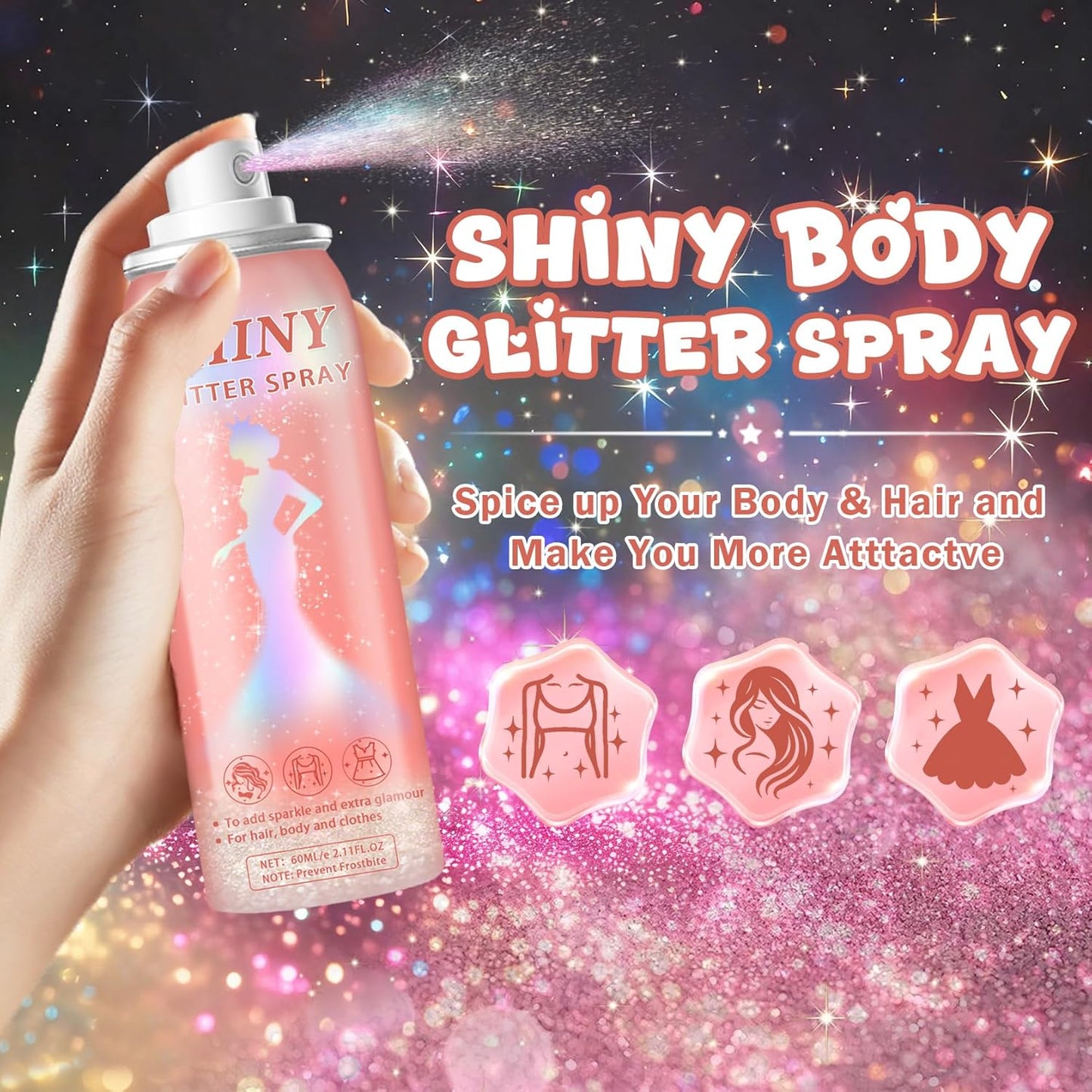 Body Glitter Spray,Holographic Glitter Hairspray,Long-lasting and Quick-drying,Shimmer Spray for Kids Women,Suitable for Festival Music Concert Party Rave Accessories (Rainy-Rainbow)