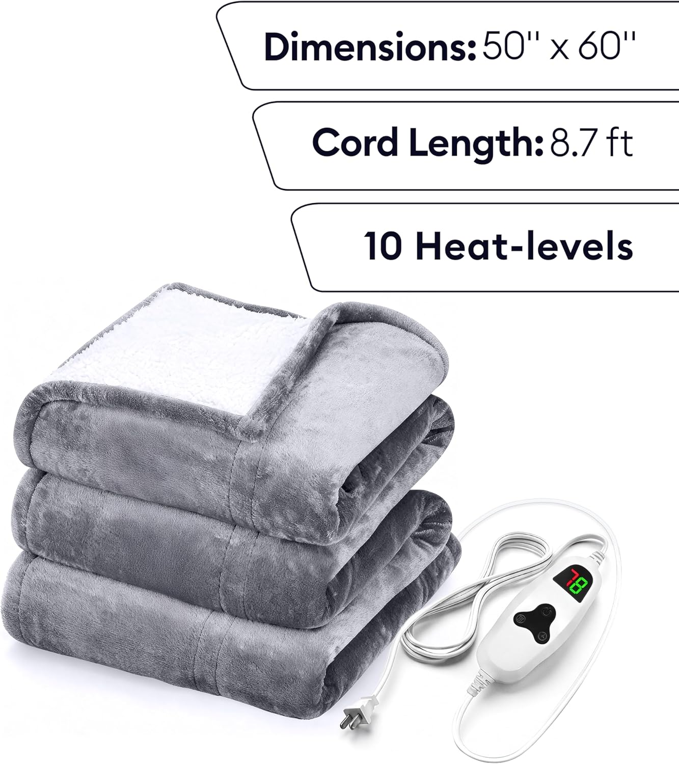 GENIANI Heated Blanket Electric Throw 50"x60" – Safe Electric Heating Blanket with Auto Shut-Off & Overheat Protection, 10 Heat Settings, Washable Heated Throw for Couch, Bed, Office & Dorm
